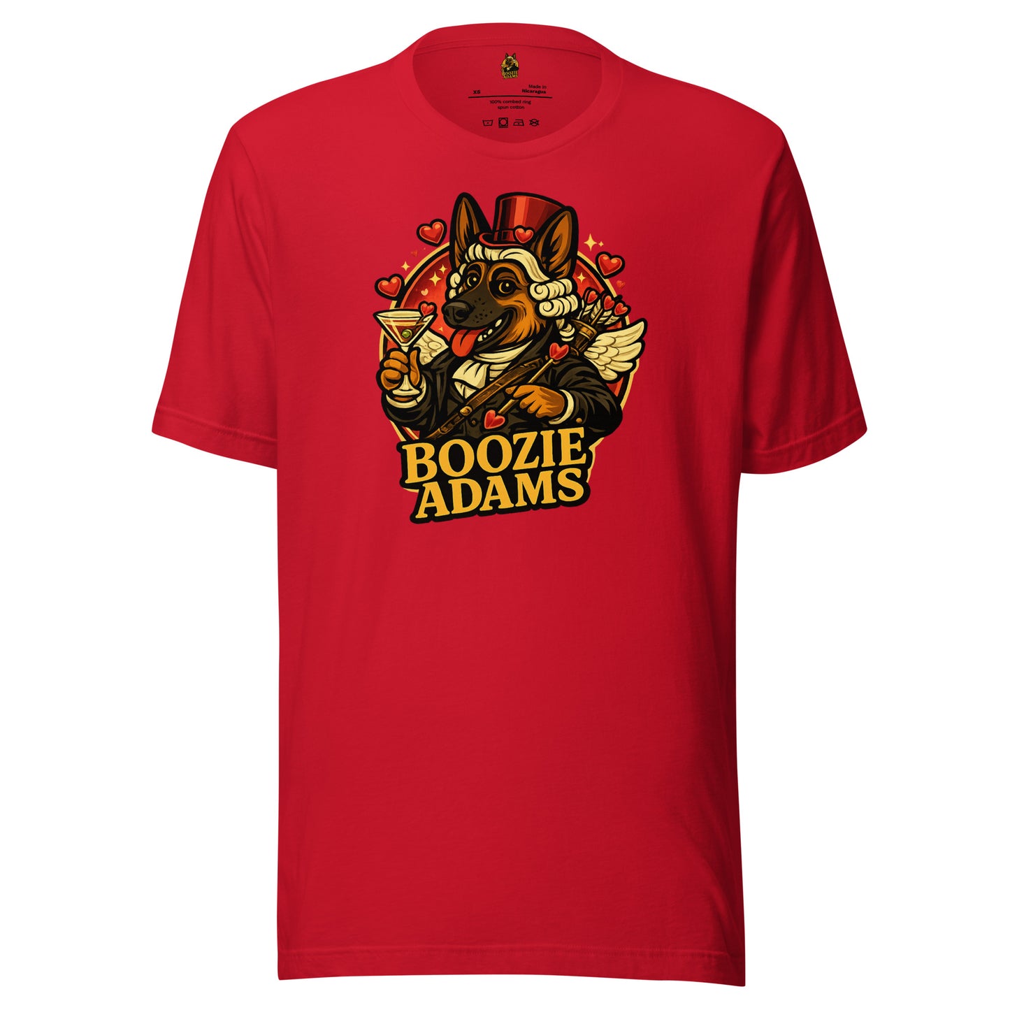 Red unisex t-shirt with with a valentine's Boozie Adams logo – Boozie Adams