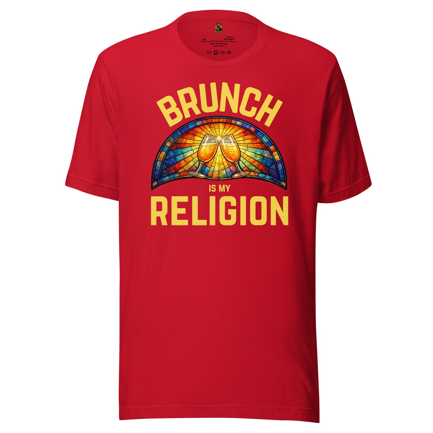 Red unisex t-shirt with 'Brunch is my Religion' graphic design – Boozie Adams