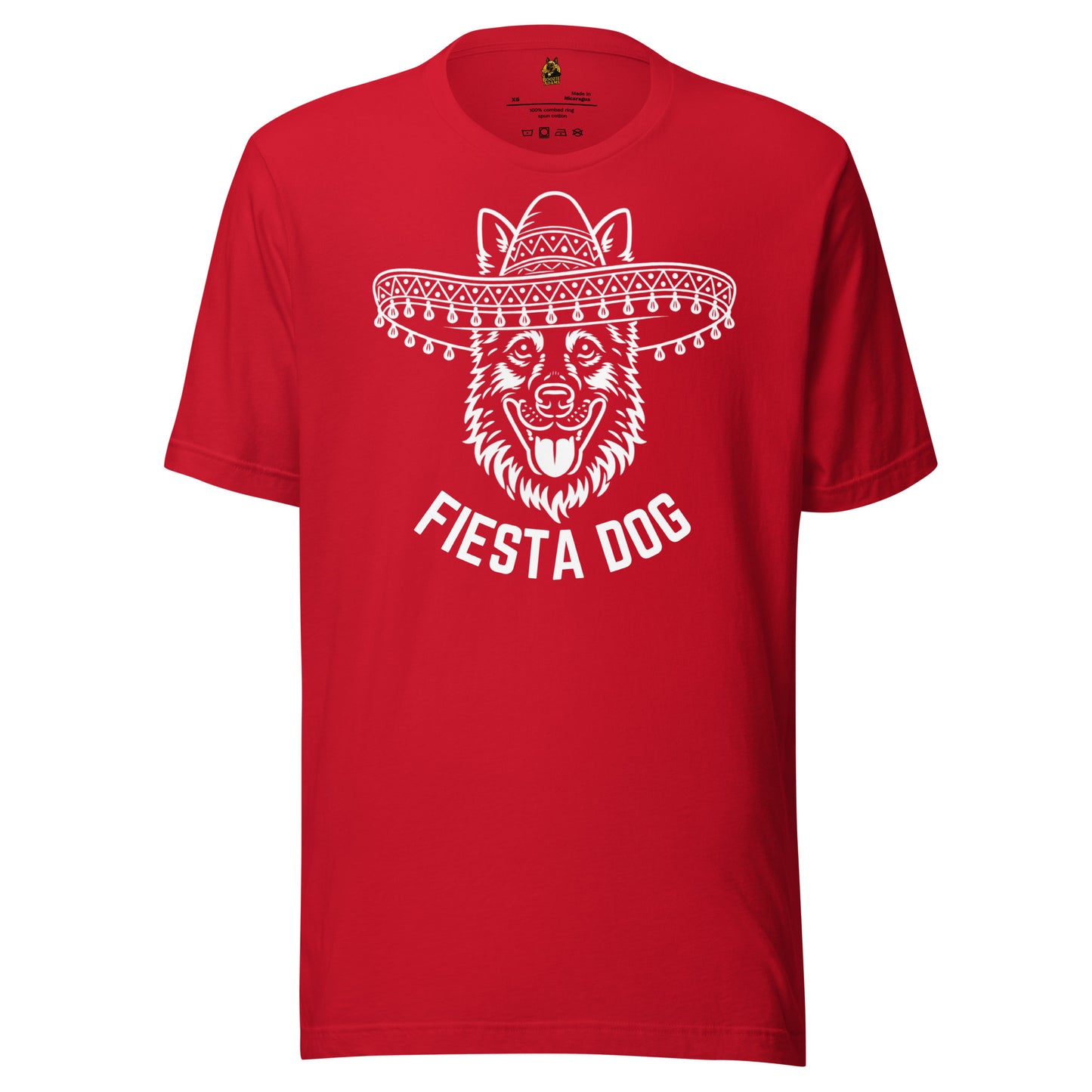 Red unisex t-shirt with a white graphic of a dog wearing a sombrero and the text 'Fiesta Dog' – Boozie Adams