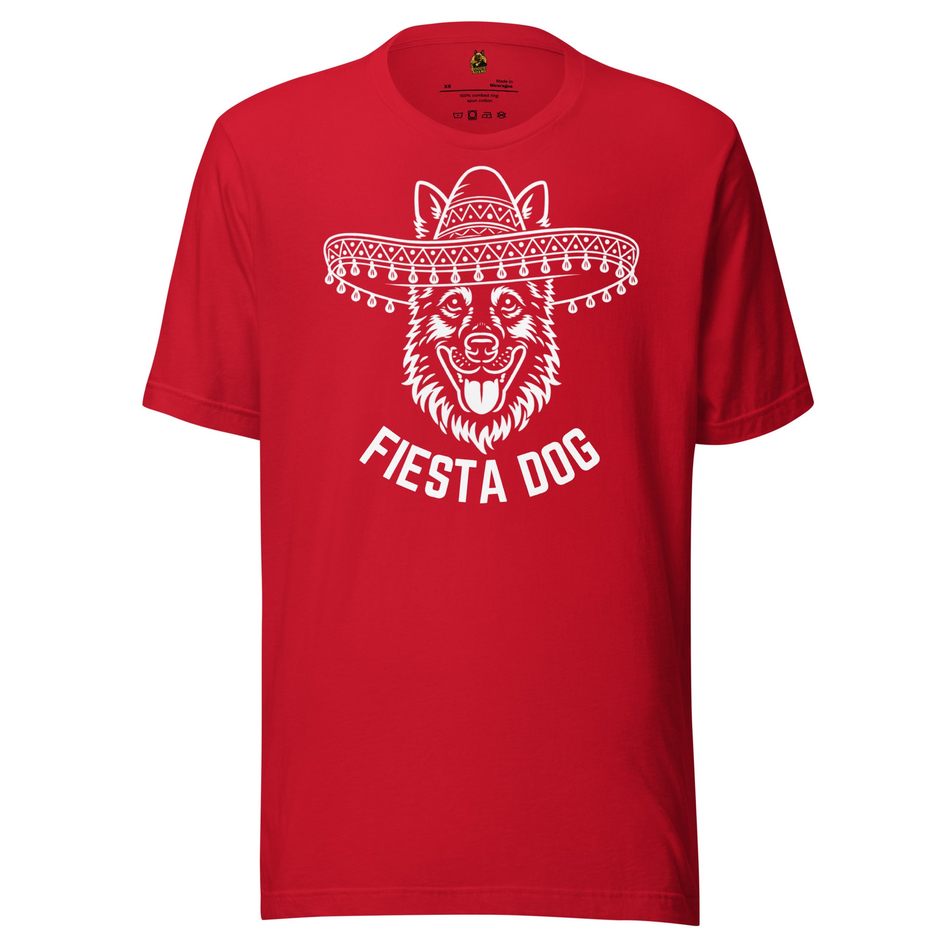 Red unisex t-shirt with a white graphic of a dog wearing a sombrero and the text 'Fiesta Dog' – Boozie Adams