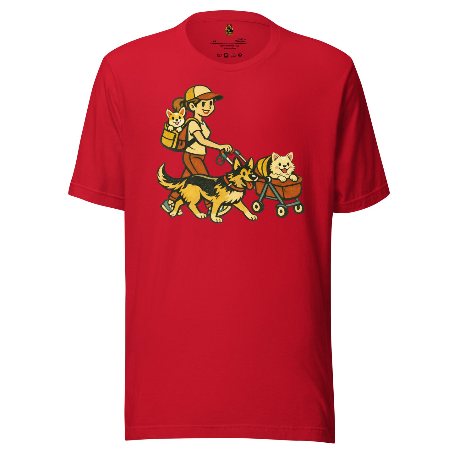 Red unisex t-shirt with a graphic of a woman walking two dogs, one in a cart – Boozie Adams