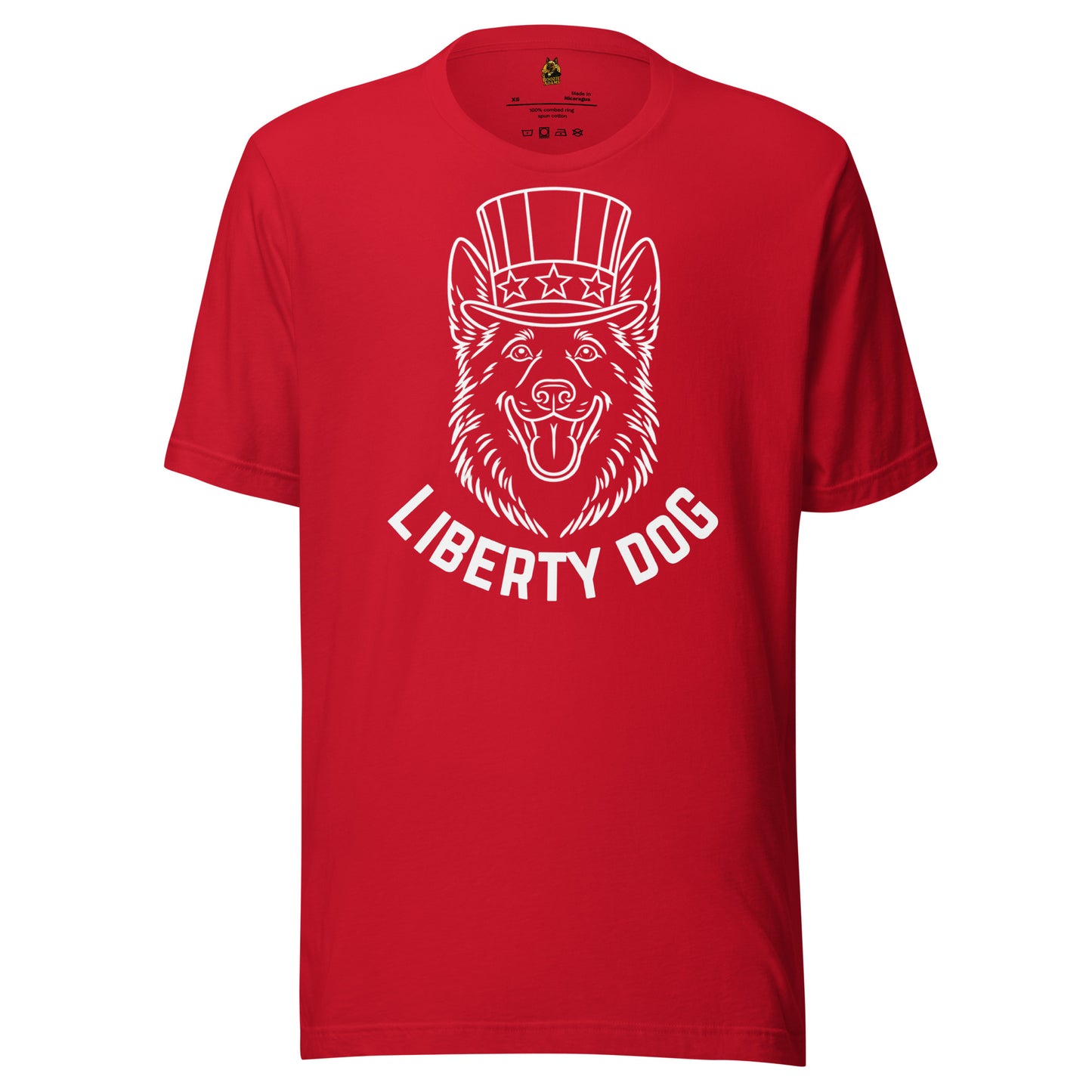 Red unisex t-shirt with a graphic of a dog wearing uncle sam top hat and the text 'Liberty Dog' – Boozie Adams