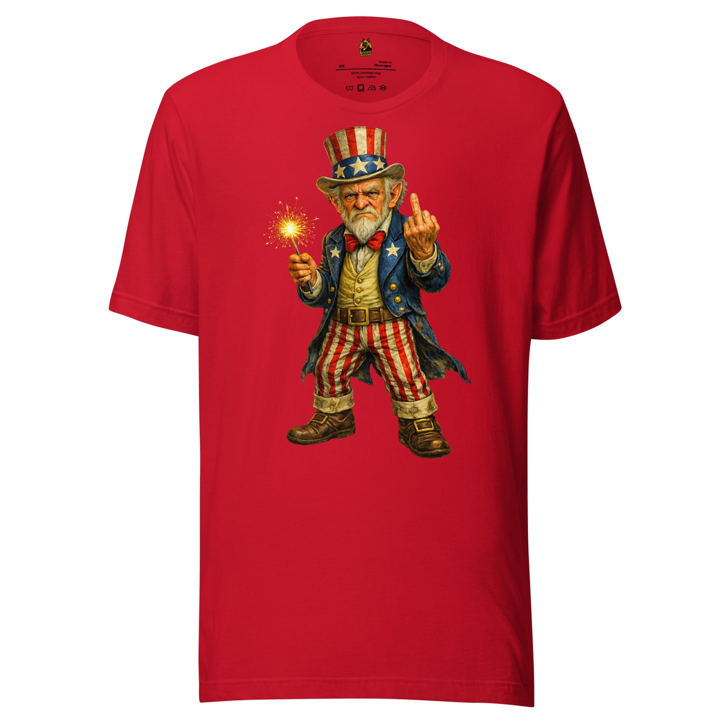 Red unisex t-shirt with Uncle Sam graphic holding a sparkler  and flipping the bird – Boozie Adams