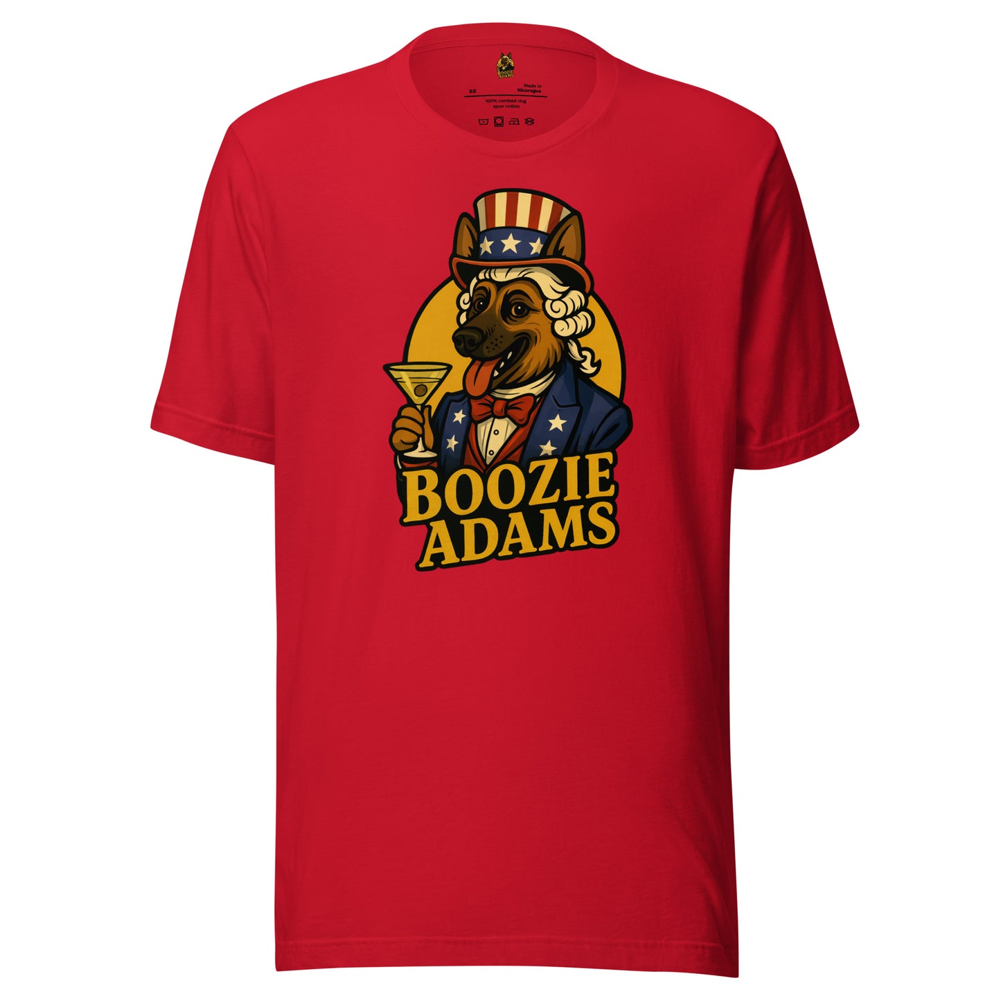 Red unisex t-shirt with patriotic 'Boozie Adams' graphic design logo – Boozie Adams