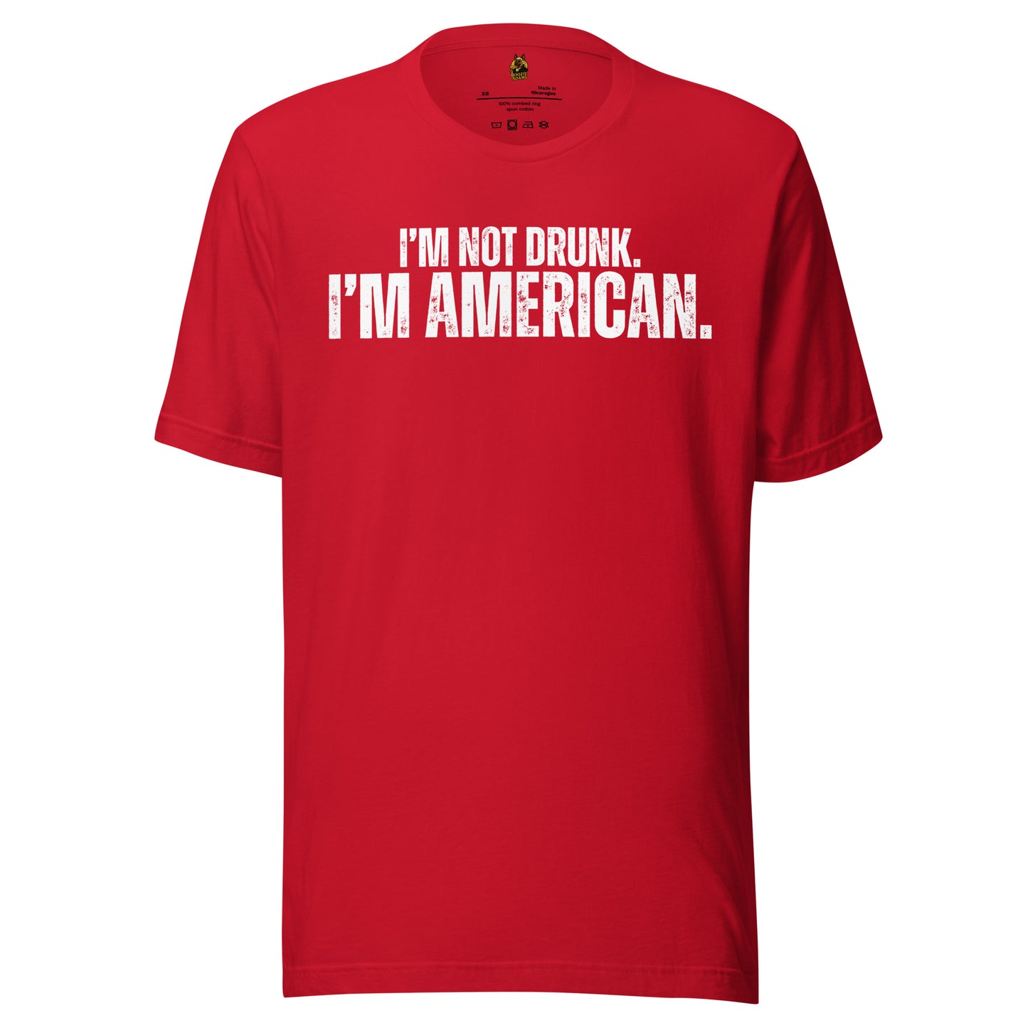 Red unisex t-shirt with white text 'I'm not drunk, I'm American' – Boozie Adams
