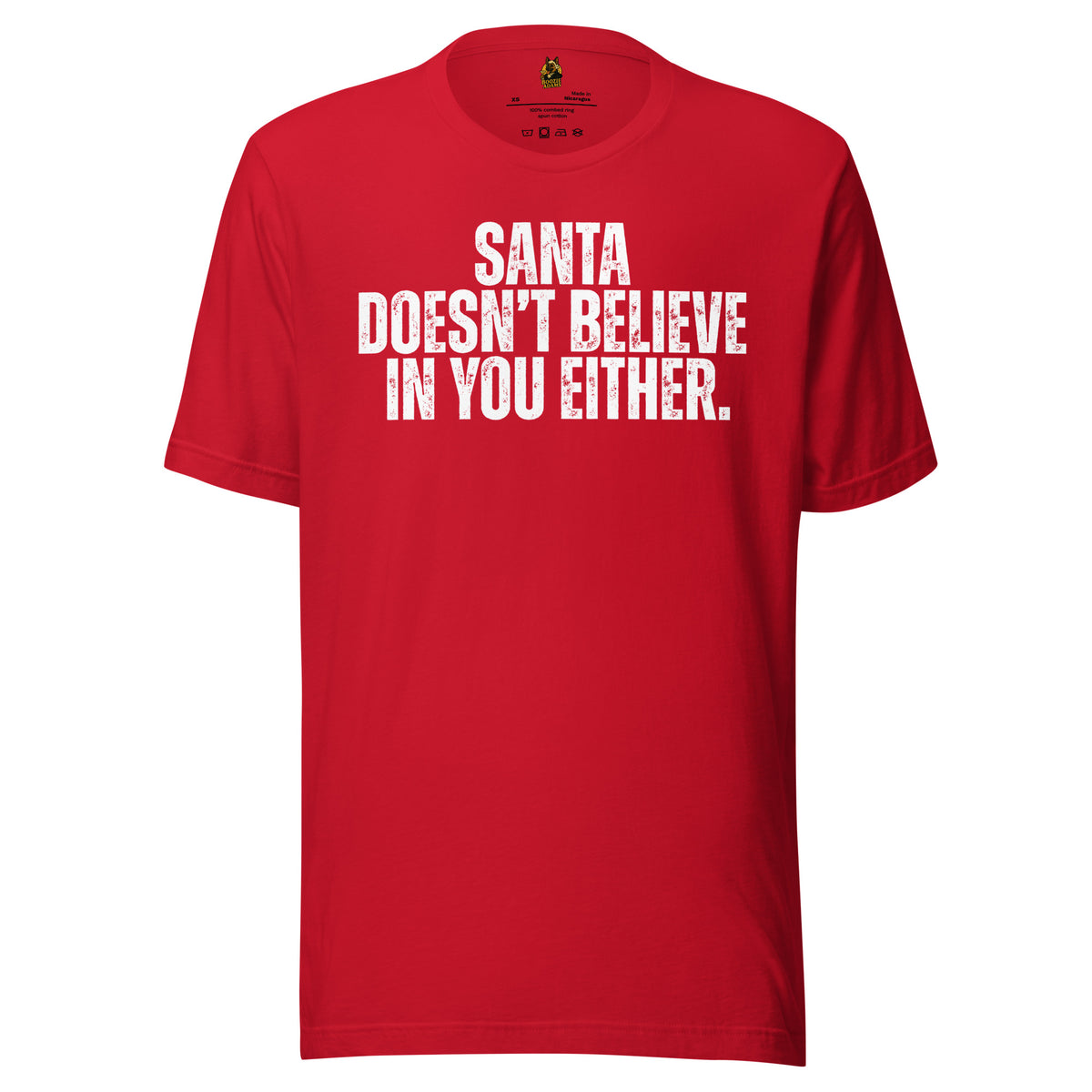Red unisex t-shirt with text 'Santa Doesn't believe in you either' – Boozie Adams