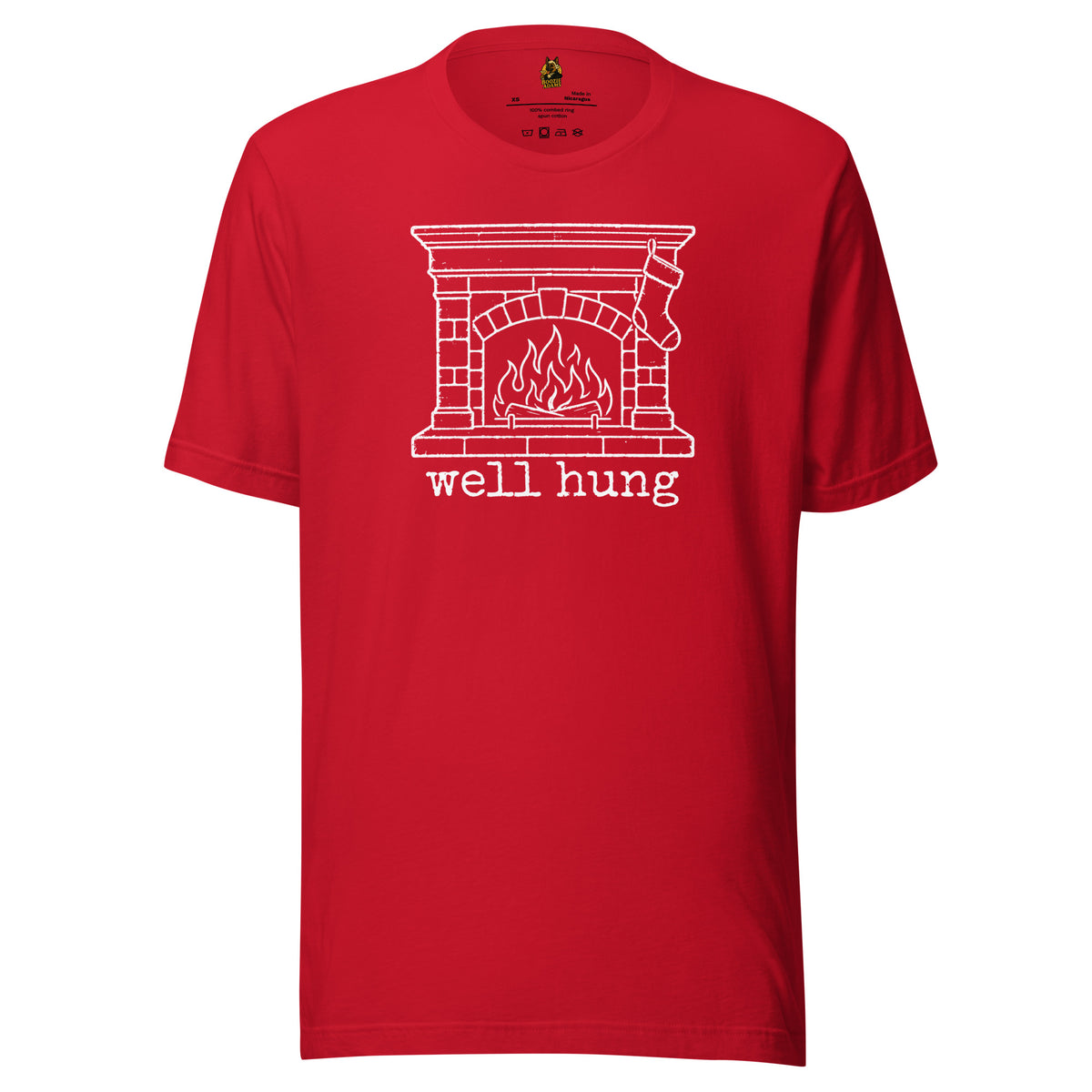Red unisex t-shirt with graphic of stocking hanging from fire place and 'well hung' text – Boozie Adams