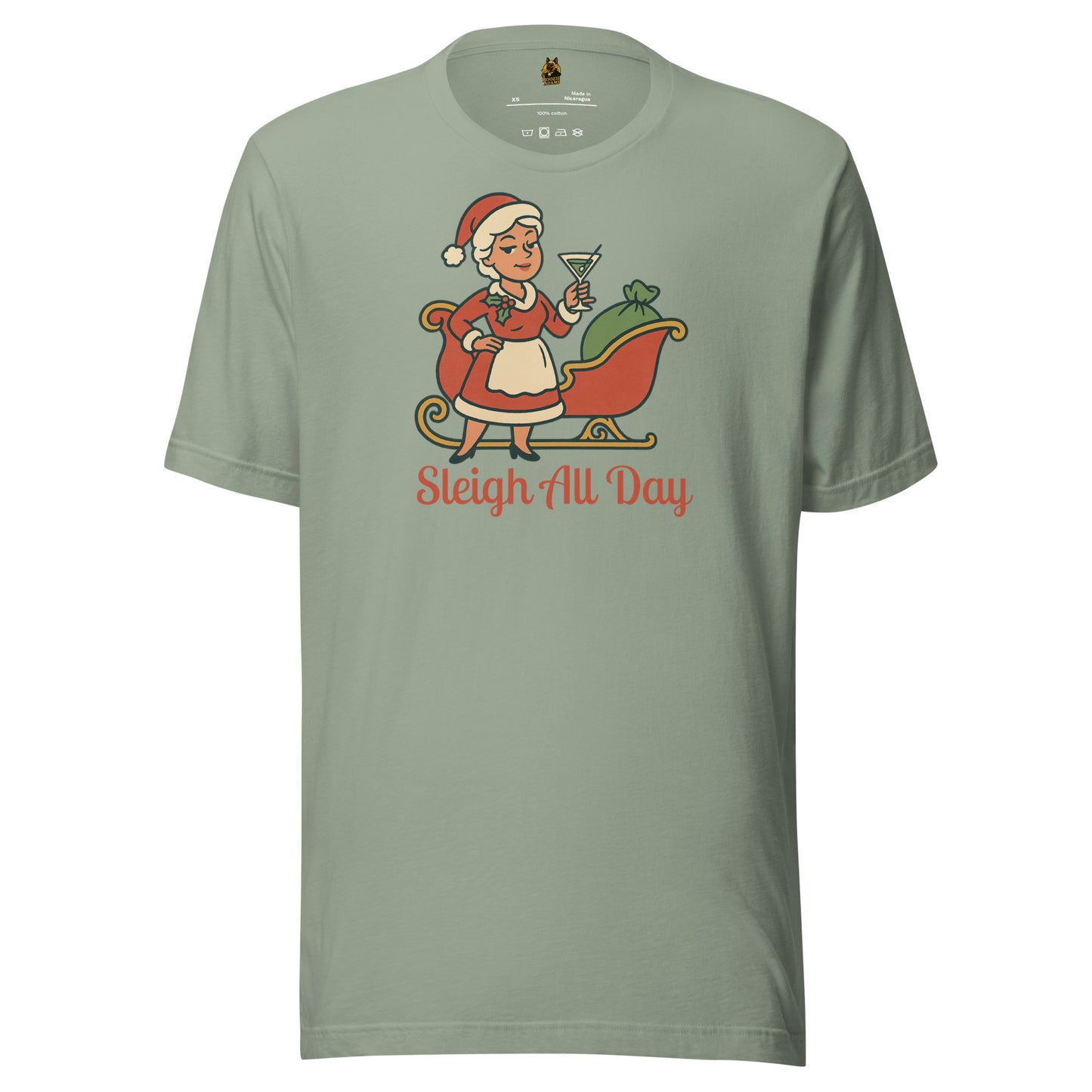 Sage unisex t-shirt with a graphic of a Mrs Claus in front of a sleigh, holding a martini glass, with text 'Sleigh All Day' in red – Boozie Adams