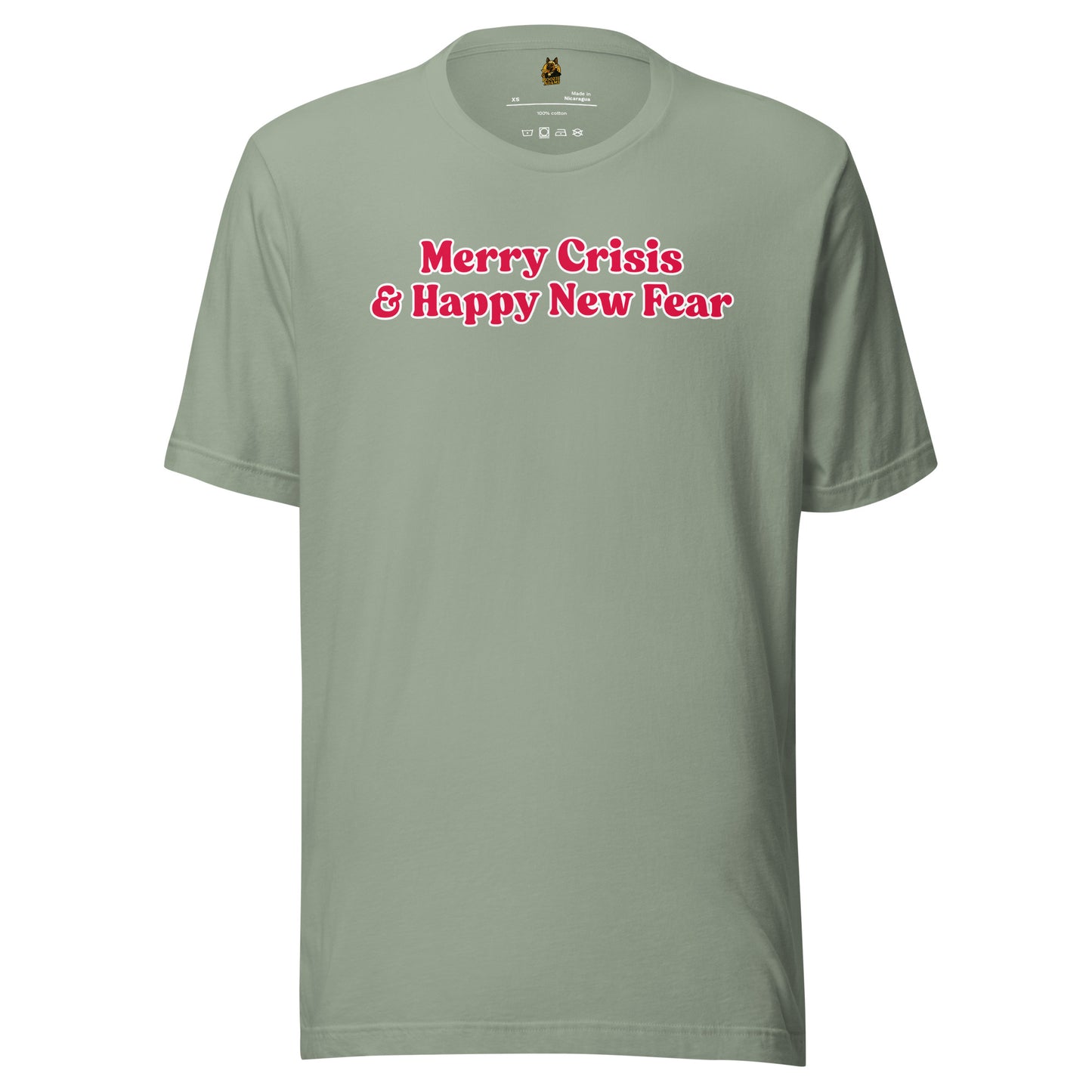 Sage Green unisex t-shirt with red text 'Merry Crisis & Happy New Fear' – Boozie Adams