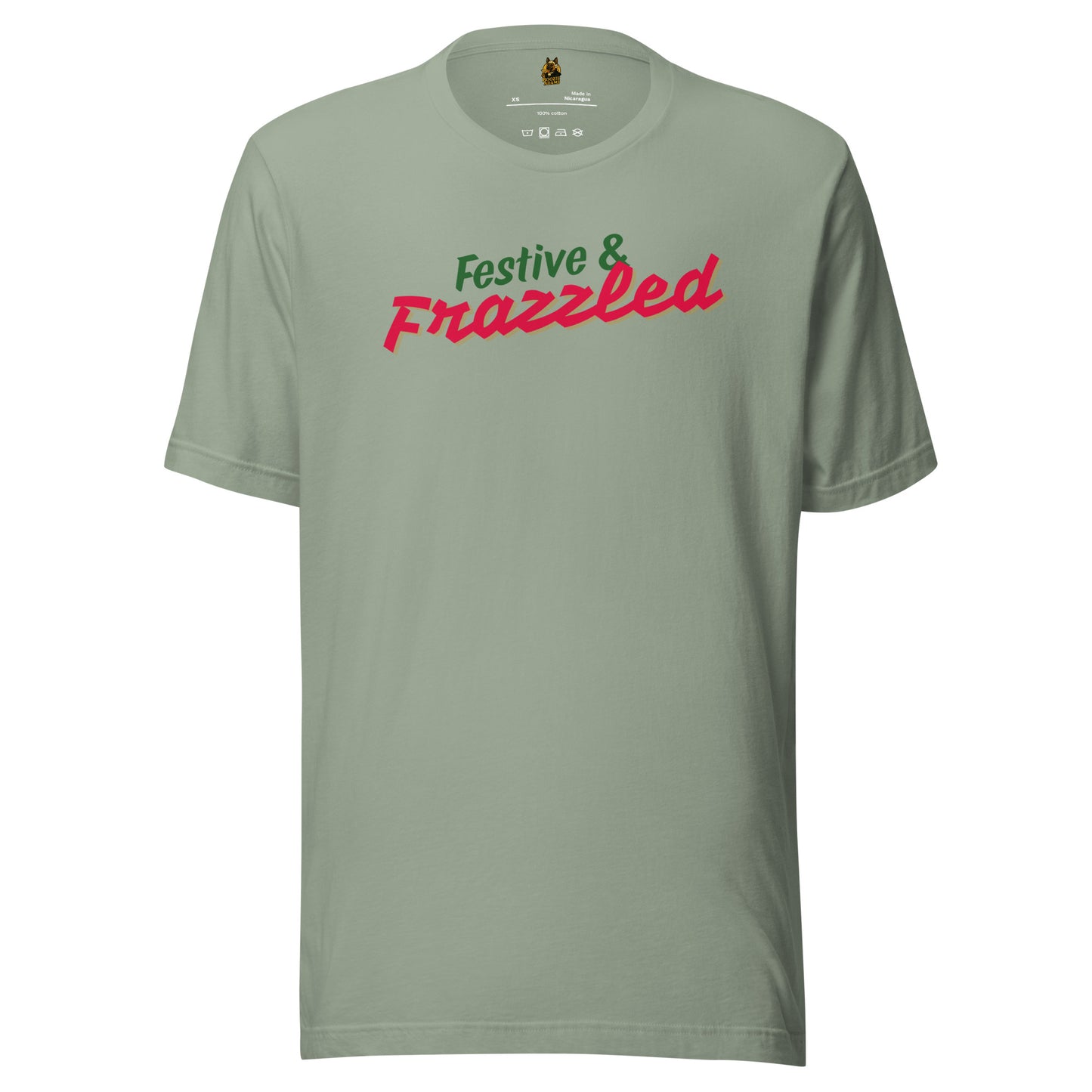 Green unisex t-shirt with 'Festive & Frazzled' text in green and red – Boozie Adams