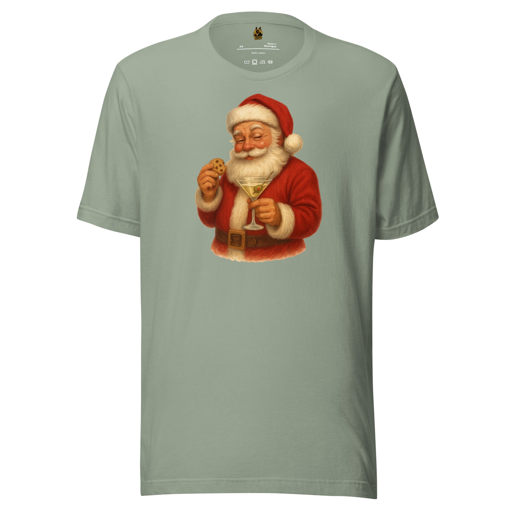Sage unisex t-shirt with a graphic of Santa Claus holding a martini glass and eating a cookie – Boozie Adams