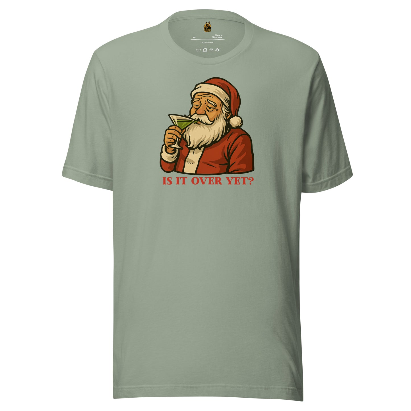 Sage unisex t-shirt with Santa Claus drinking a martini graphic and text 'IS IT OVER YET?' – Boozie Adams
