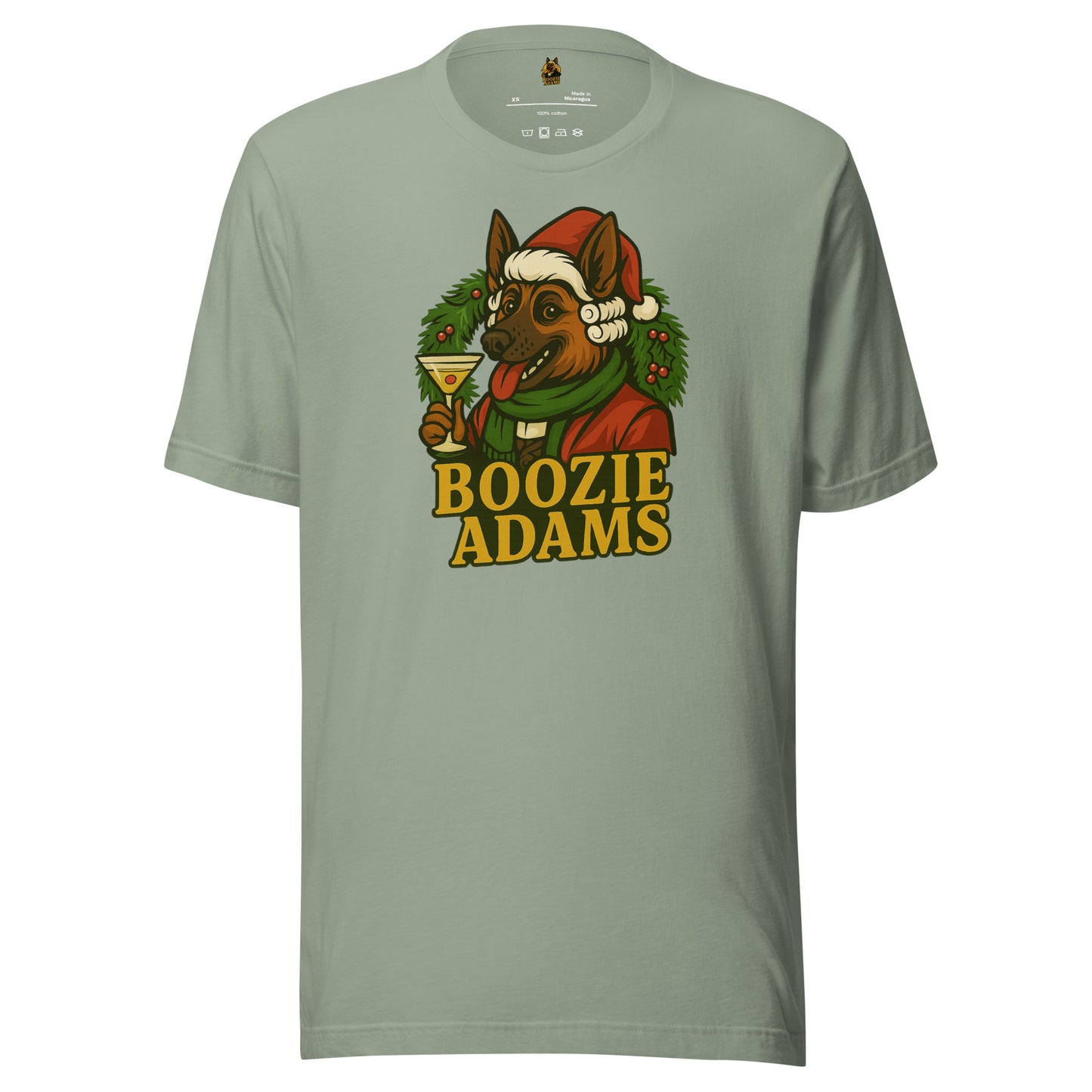 Sage unisex t-shirt with a graphic of a dog in a Santa hat with a martini and a wreath and 'Boozie Adams' text – Boozie Adams