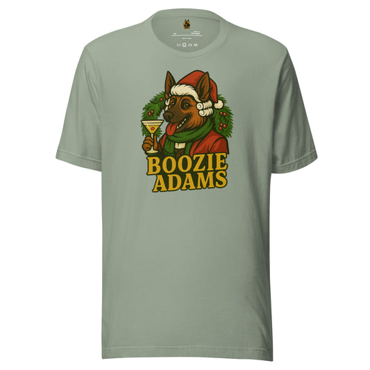 Sage unisex t-shirt with a graphic of a dog in a Santa hat with a martini and a wreath and 'Boozie Adams' text – Boozie Adams
