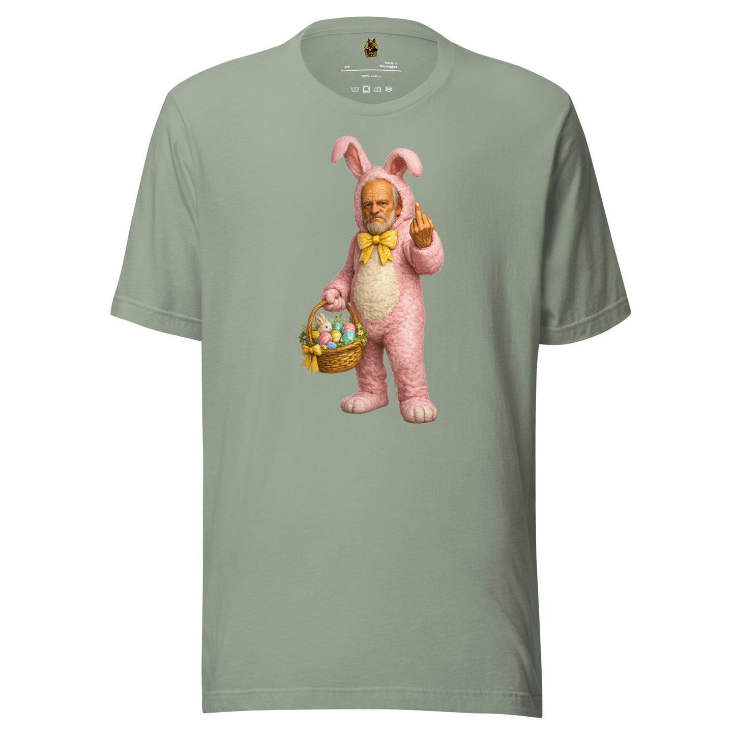 Sage unisex t-shirt with a graphic of a person in a pink bunny costume holding an Easter basket while flipping the bird – Boozie Adams