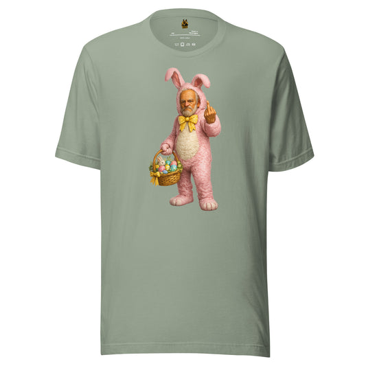 Sage unisex t-shirt with a graphic of a person in a pink bunny costume holding an Easter basket while flipping the bird – Boozie Adams