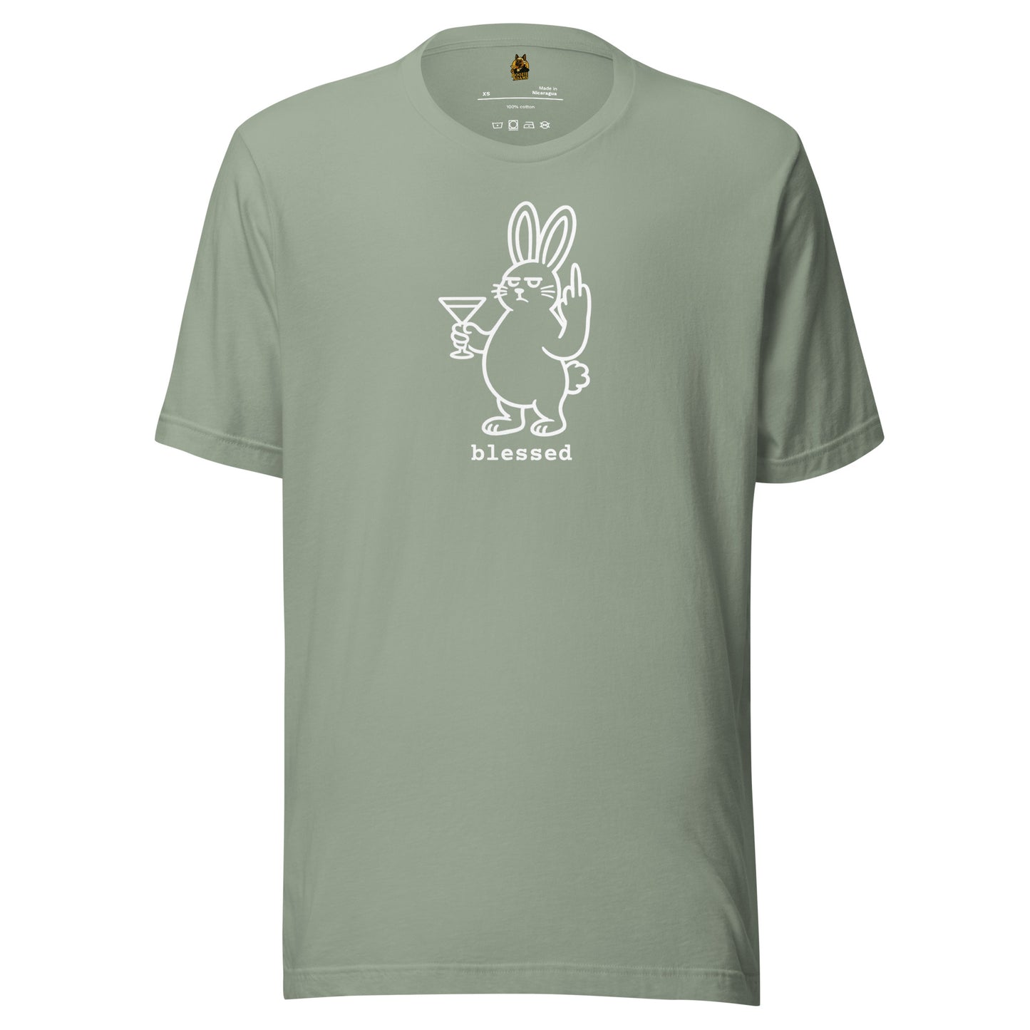 Sage unisex t-shirt with a white graphic of a rabbit holding a martini glass and flipping the bird with text 'blessed' – Boozie Adams