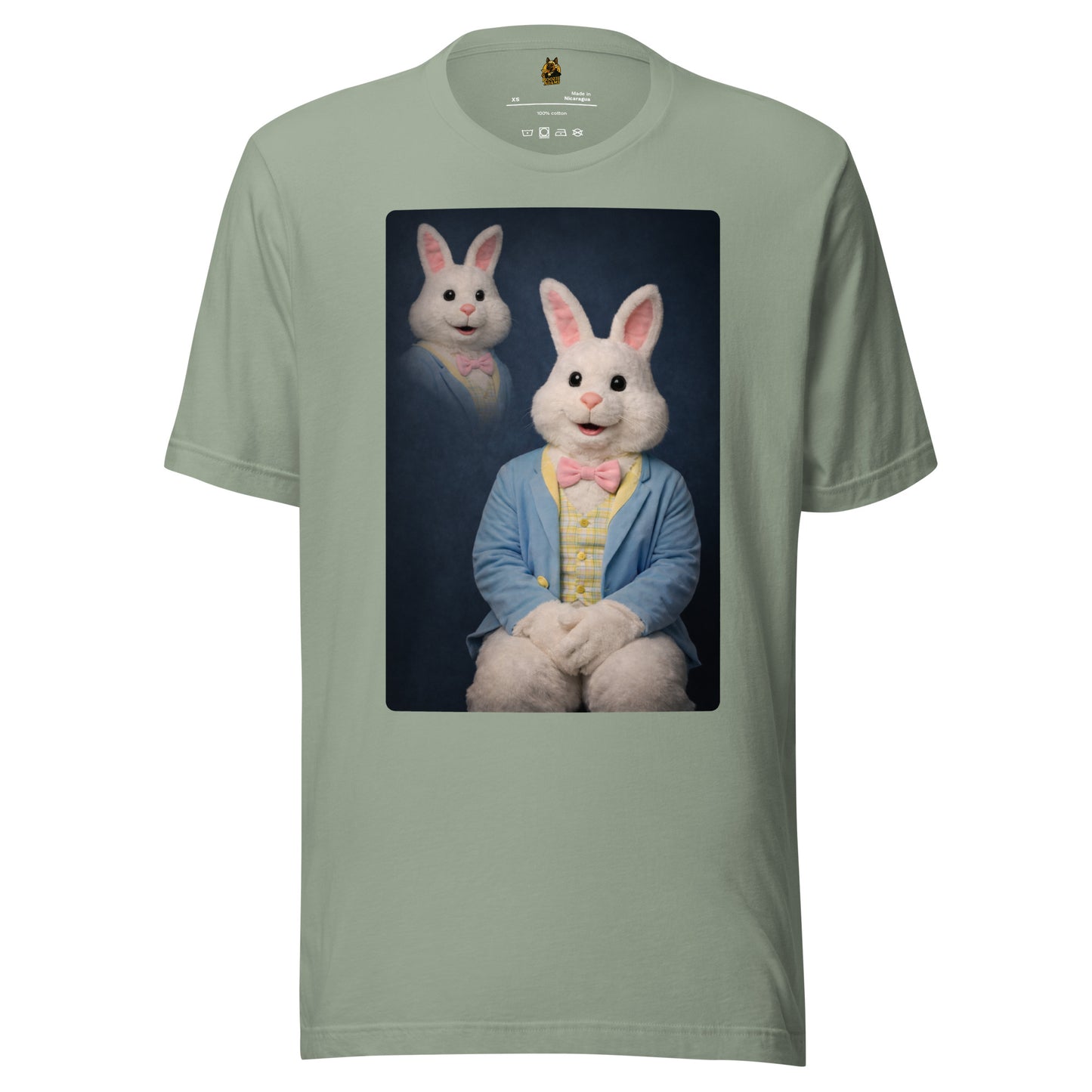 Green unisex t-shirt with a graphic of a rabbit in a suit – Boozie Adams