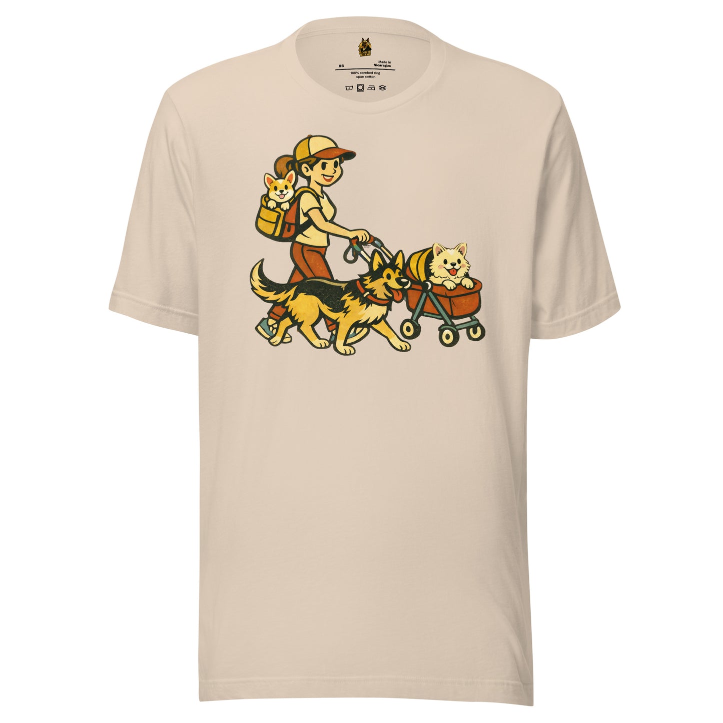 Soft cream unisex t-shirt with a graphic of a woman walking two dogs, one in a cart – Boozie Adams