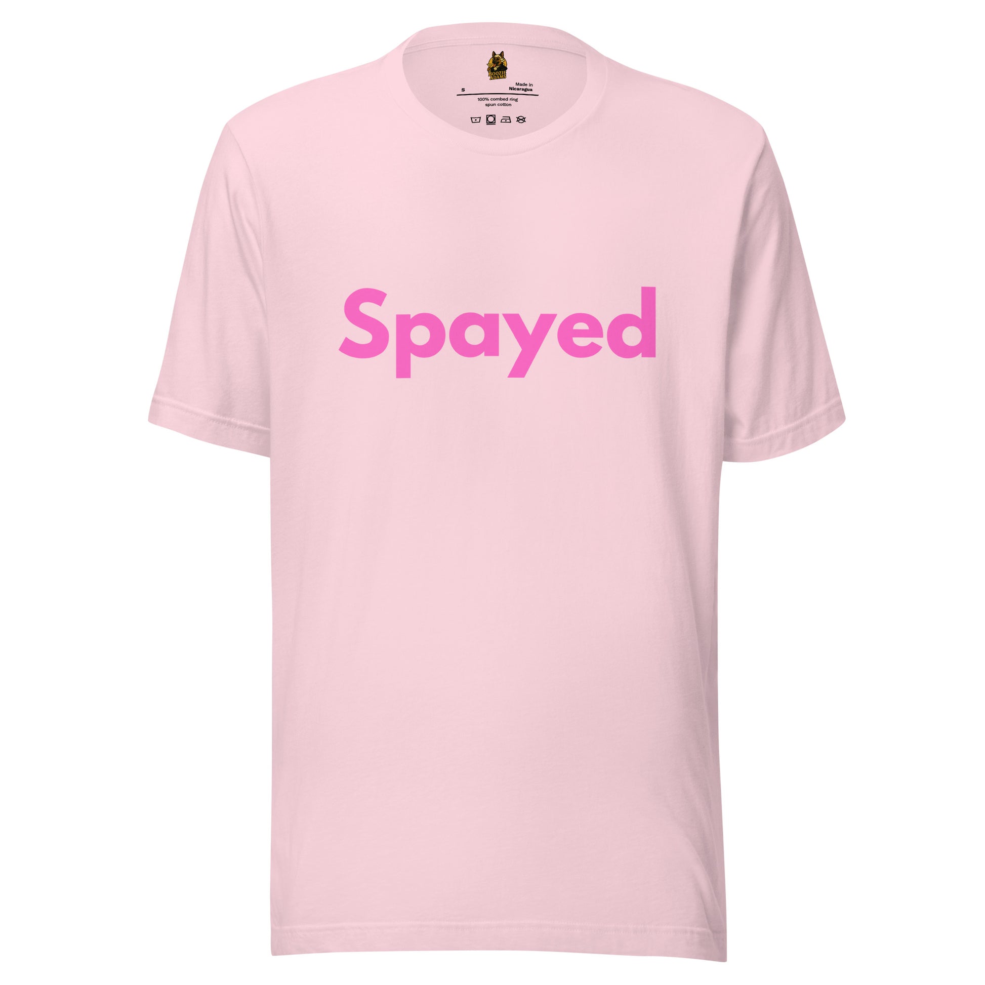 Pink unisex t-shirt with 'Spayed' – Boozie Adams