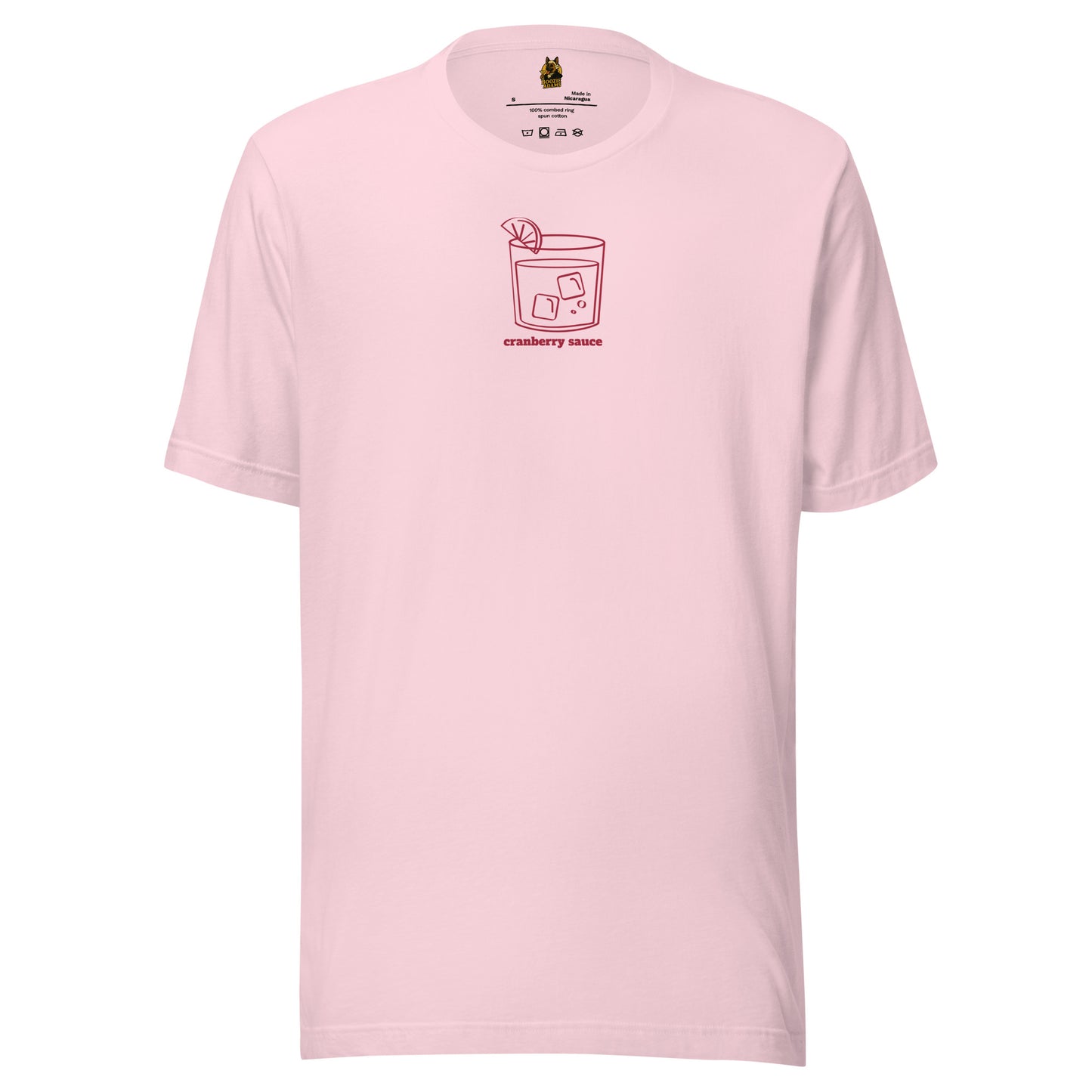Pink unisex t-shirt with a red cocktail glass graphic and 'cranberry sauce' text – Boozie Adams