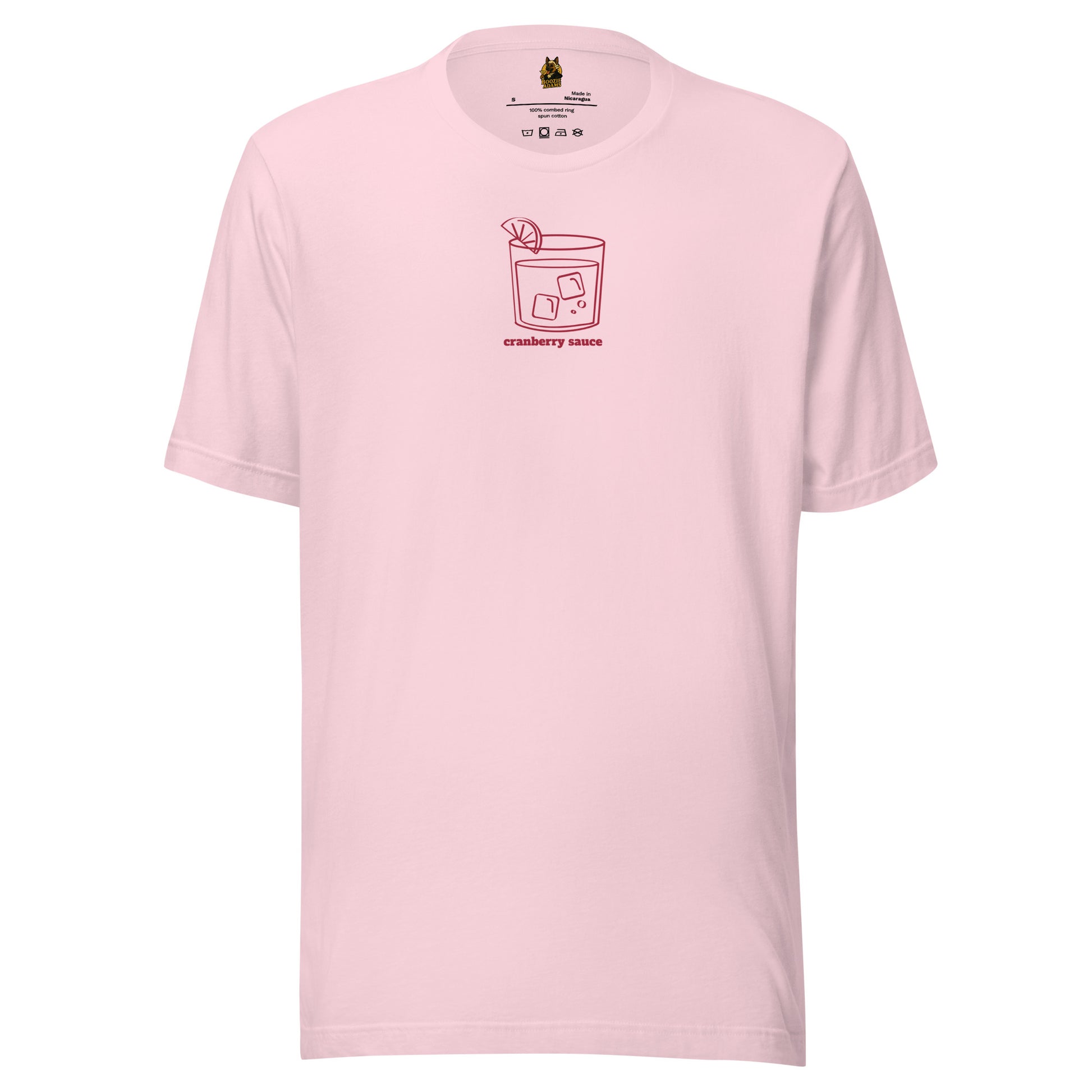 Pink unisex t-shirt with a red cocktail glass graphic and 'cranberry sauce' text – Boozie Adams