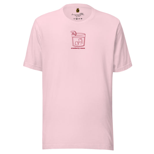 Pink unisex t-shirt with a red cocktail glass graphic and 'cranberry sauce' text – Boozie Adams