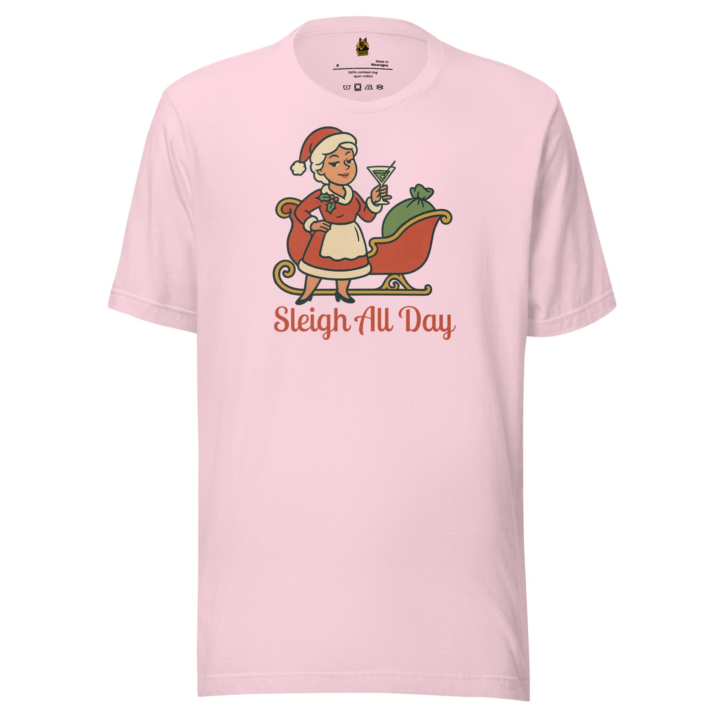 Pink unisex t-shirt with a graphic of a Mrs Claus in front of a sleigh, holding a martini glass, with text 'Sleigh All Day' in red – Boozie Adams