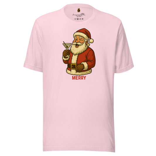 Pink unisex t-shirt with a graphic of Santa Claus holding a martini glass and the word 'MERRY' – Boozie Adams