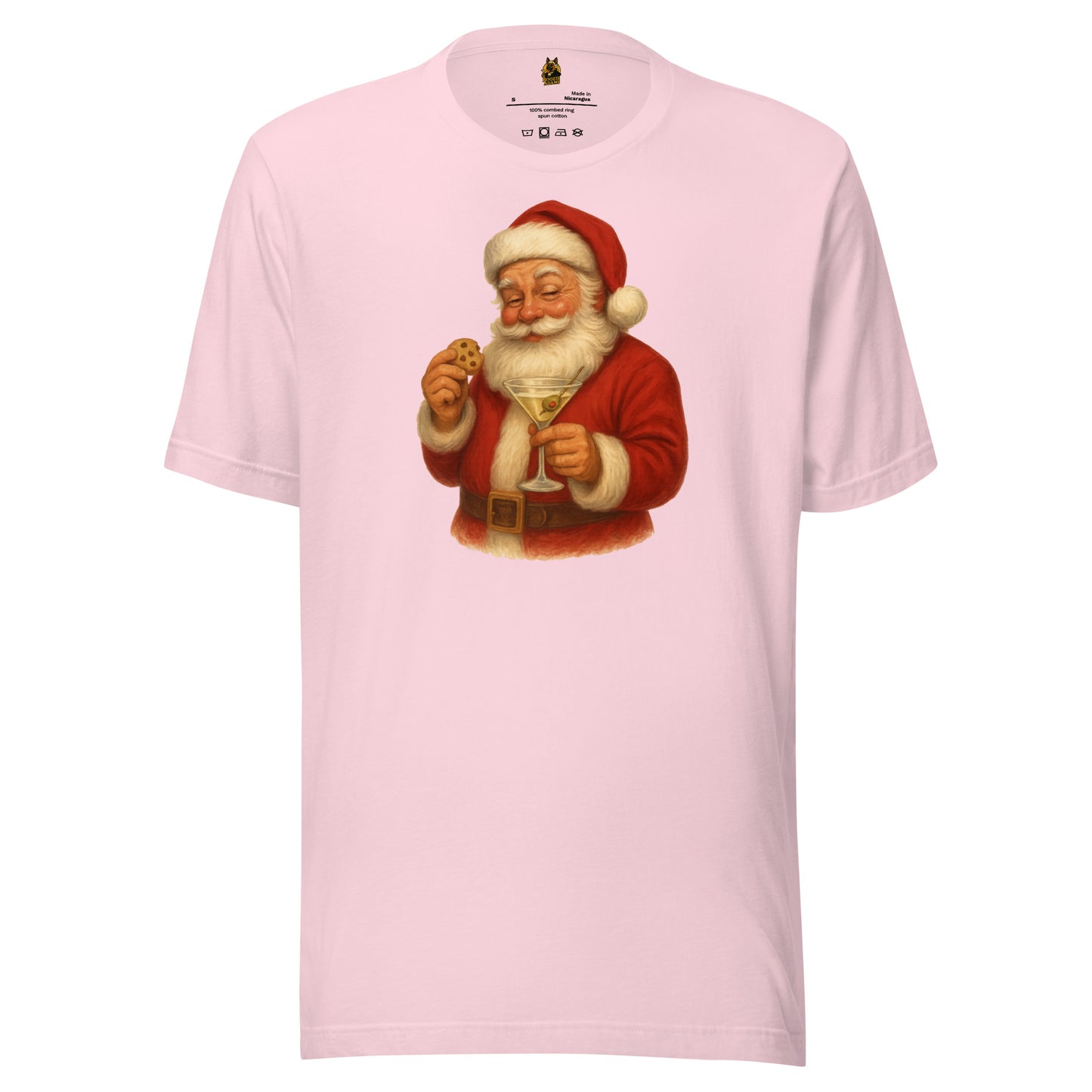 Pink unisex t-shirt with a graphic of Santa Claus holding a martini glass and eating a cookie – Boozie Adams