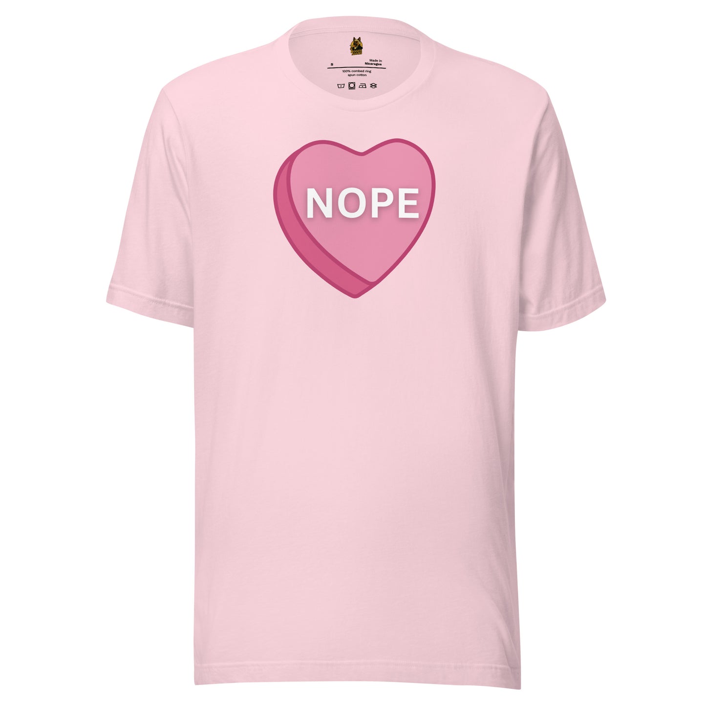 Pink unisex t-shirt with a pink heart and 'NOPE' text – Boozie Adams