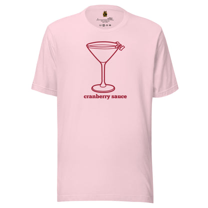 Pink white unisex t-shirt with red martini graphic and 'cranberry sauce' text – Boozie Adams