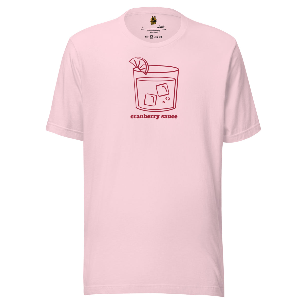 Pink unisex t-shirt with graphic of cocktail glass and text 'cranberry sauce' – Boozie Adams