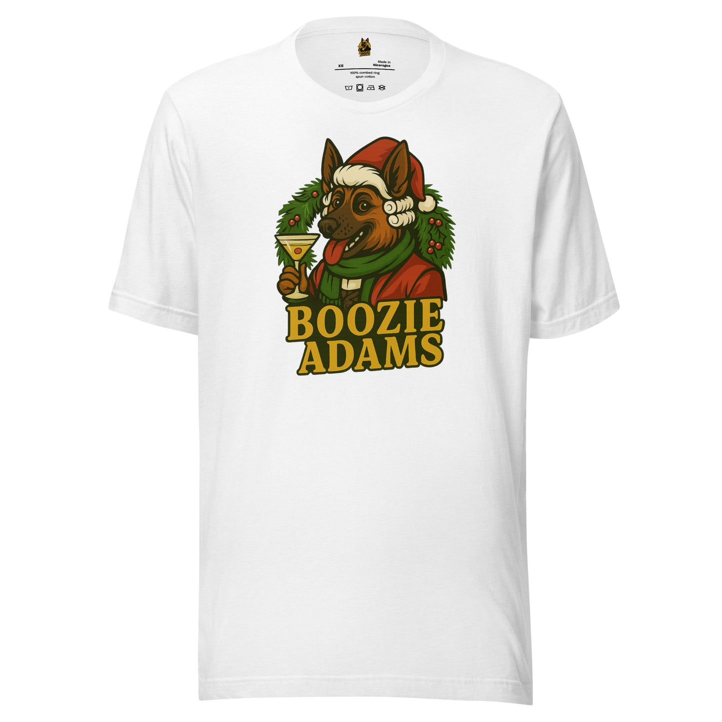 White unisex t-shirt with a graphic of a dog in a Santa hat with a martini and a wreath and 'Boozie Adams' text – Boozie Adams