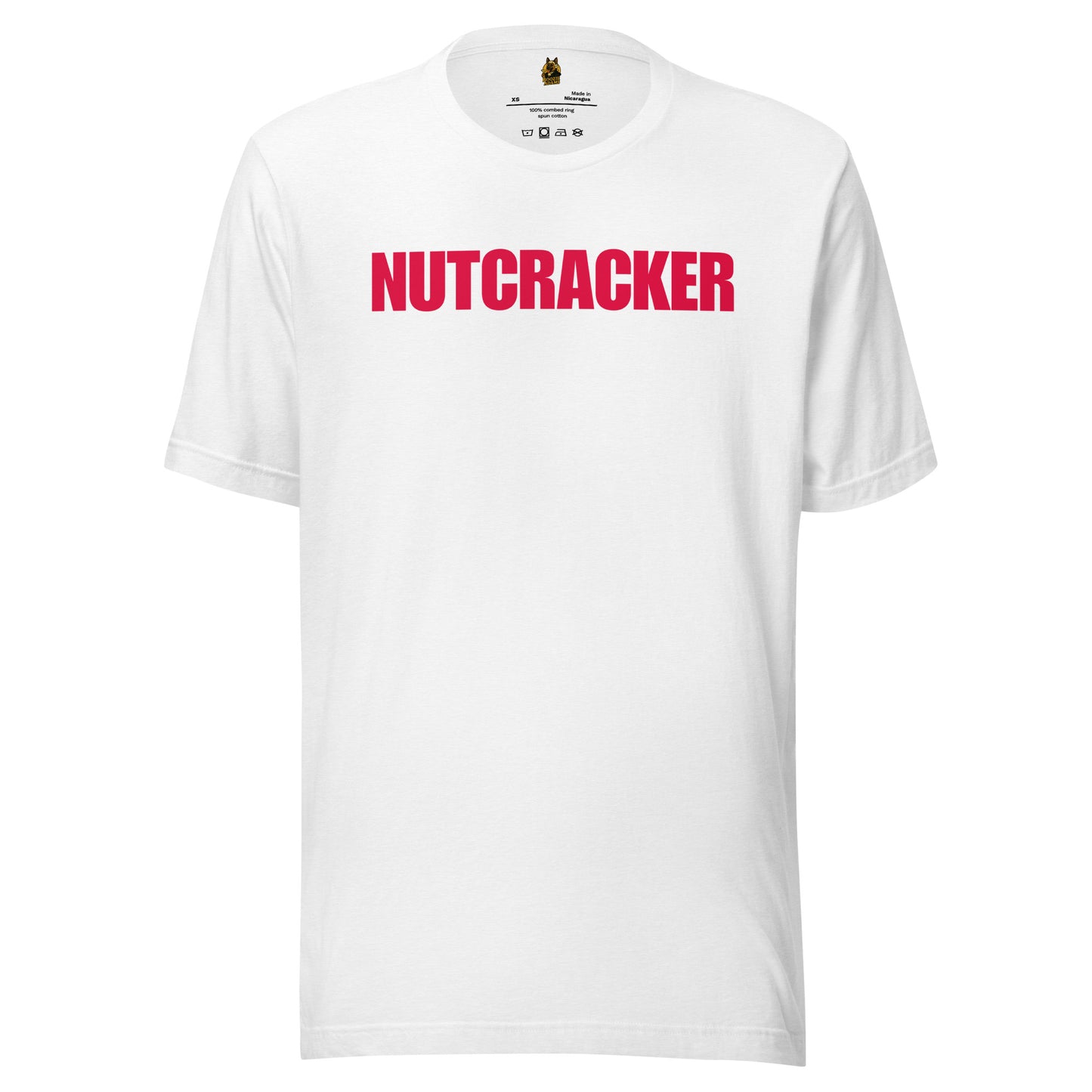 White unisex t-shirt with 'NUTCRACKER' in red text – Boozie Adams
