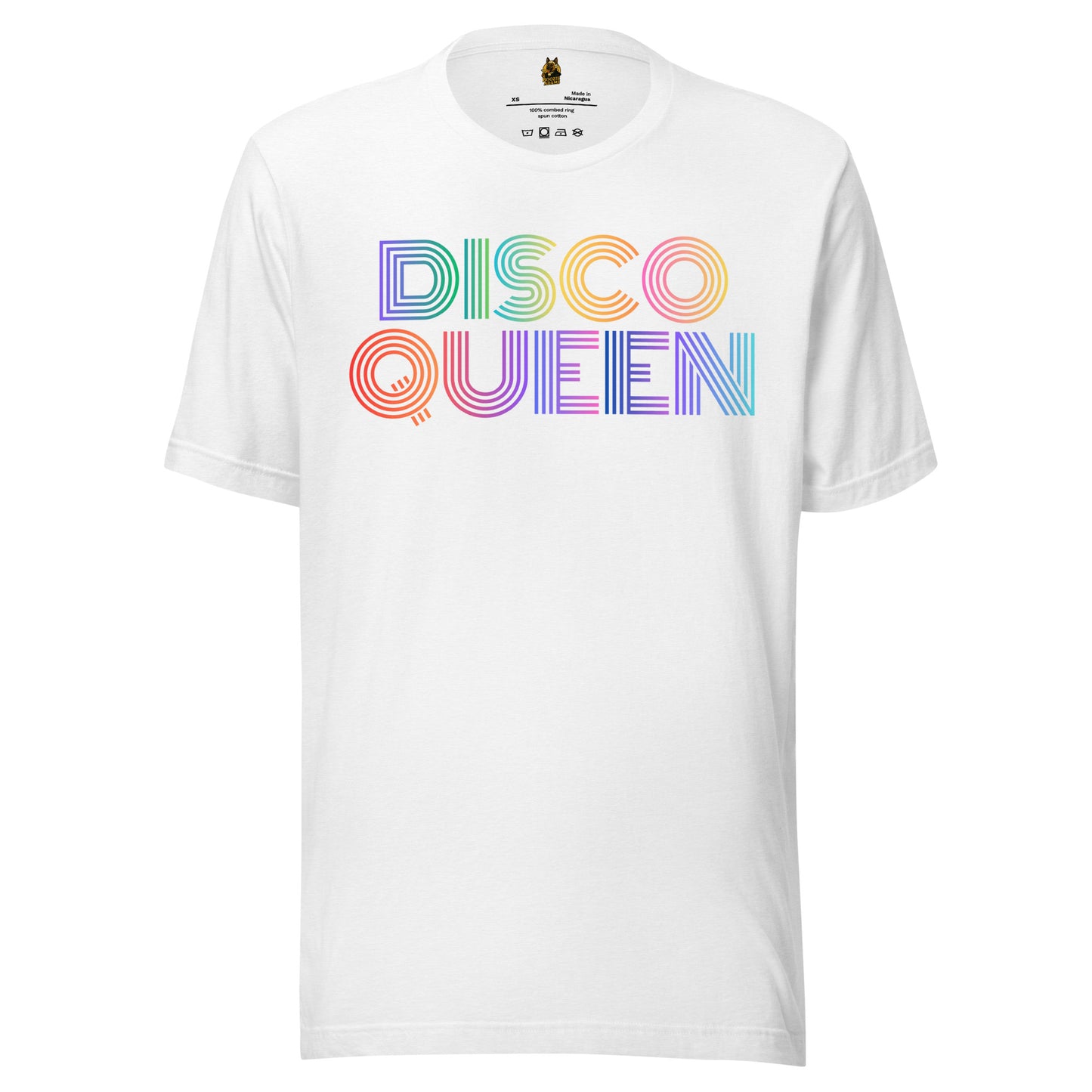 White unisex t-shirt with 'DISCO QUEEN' in colorful letters – Boozie Adams