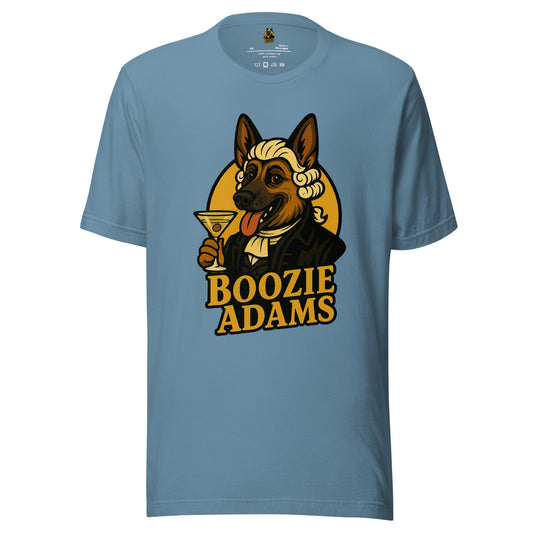 Blue unisex t-shirt with a graphic of a dog holding a martini glass and the text 'Boozie Adams' – Boozie Adams