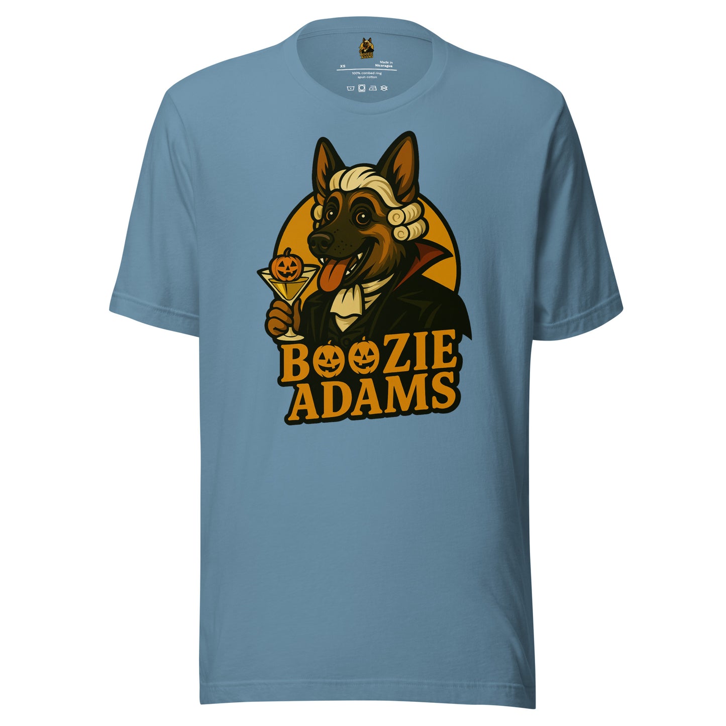 Blue unisex t-shirt with a graphic of Boozie Adams – a dog holding a martini with a pumpkin and the text 'Boozie Adams' – Boozie Adams