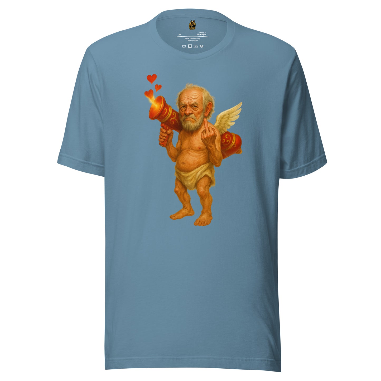 Blue unisex t-shirt with a graphic of cupid flipping the bird – Boozie Adams