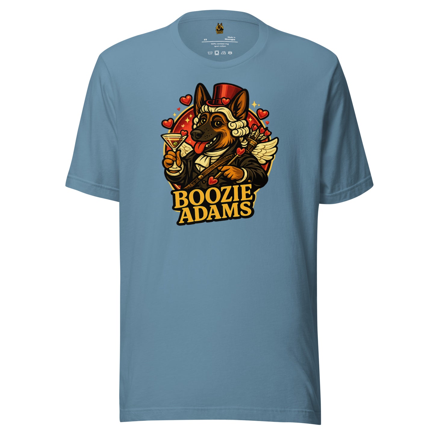 Steel blue unisex t-shirt with with a valentine's Boozie Adams logo – Boozie Adams