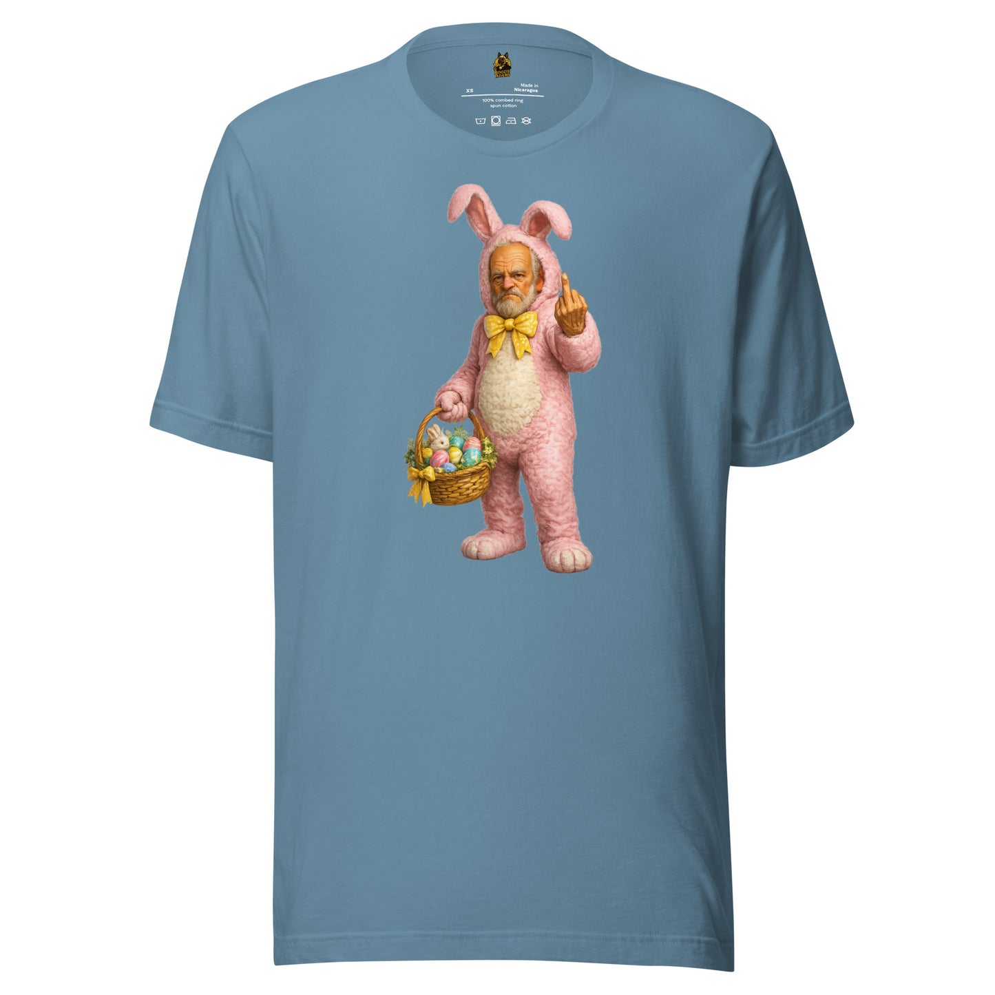 Blue unisex t-shirt with a graphic of a person in a pink bunny costume holding an Easter basket while flipping the bird – Boozie Adams