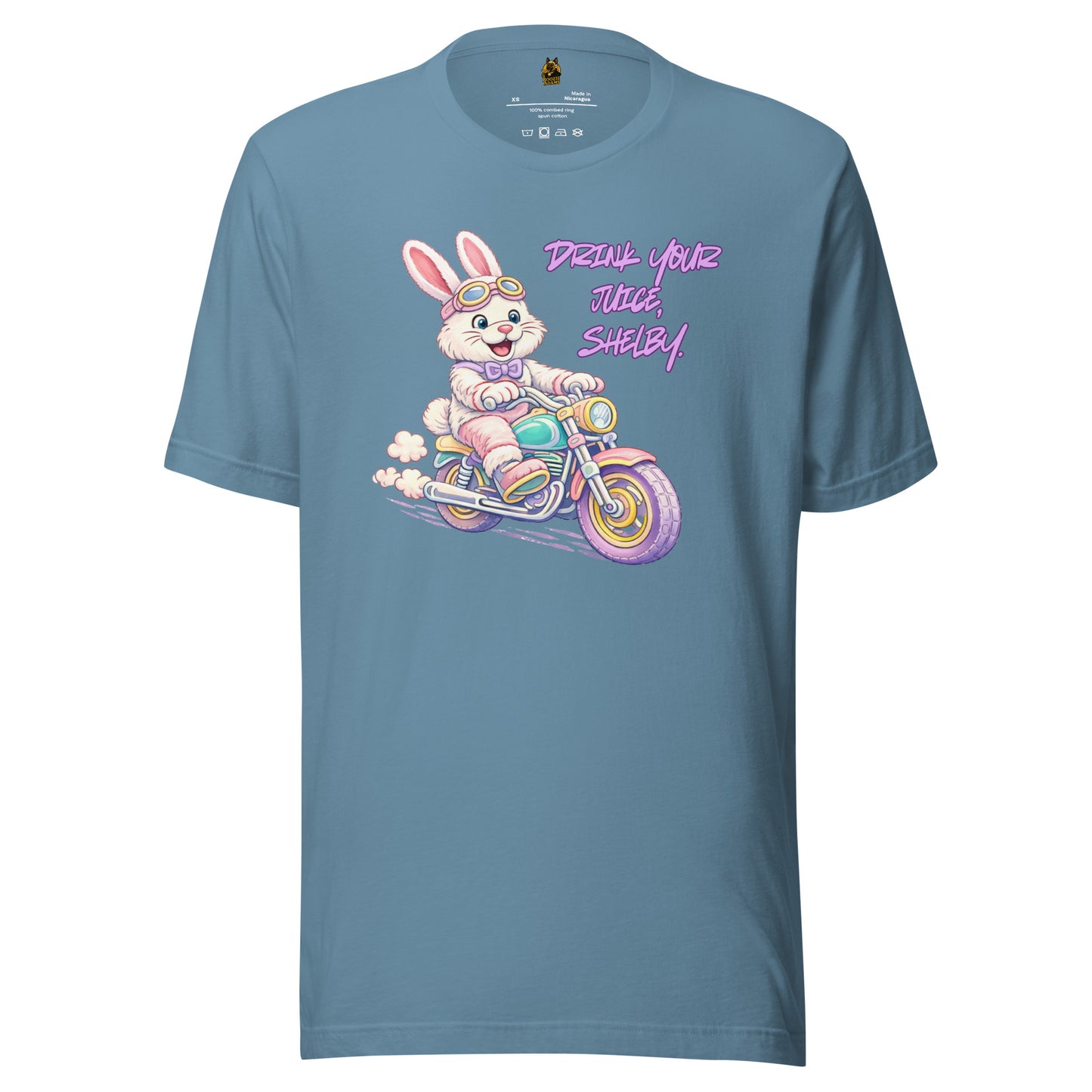 Blue unisex t-shirt with a cartoon bunny on a motorcycle and text 'Drink Your Title Shelby' – Boozie Adams