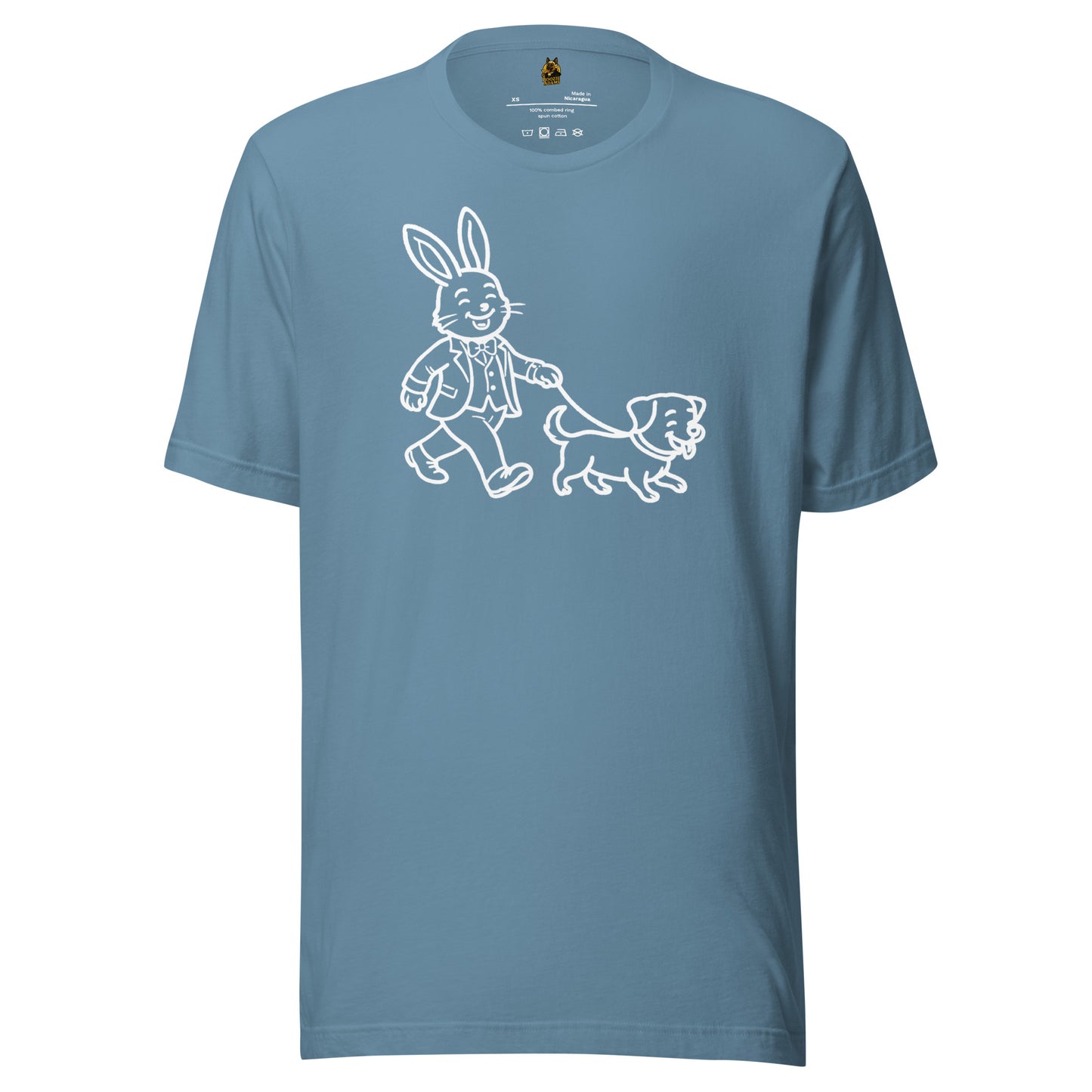 Blue unisex t-shirt with a graphic of a rabbit walking a dog – Boozie Adams