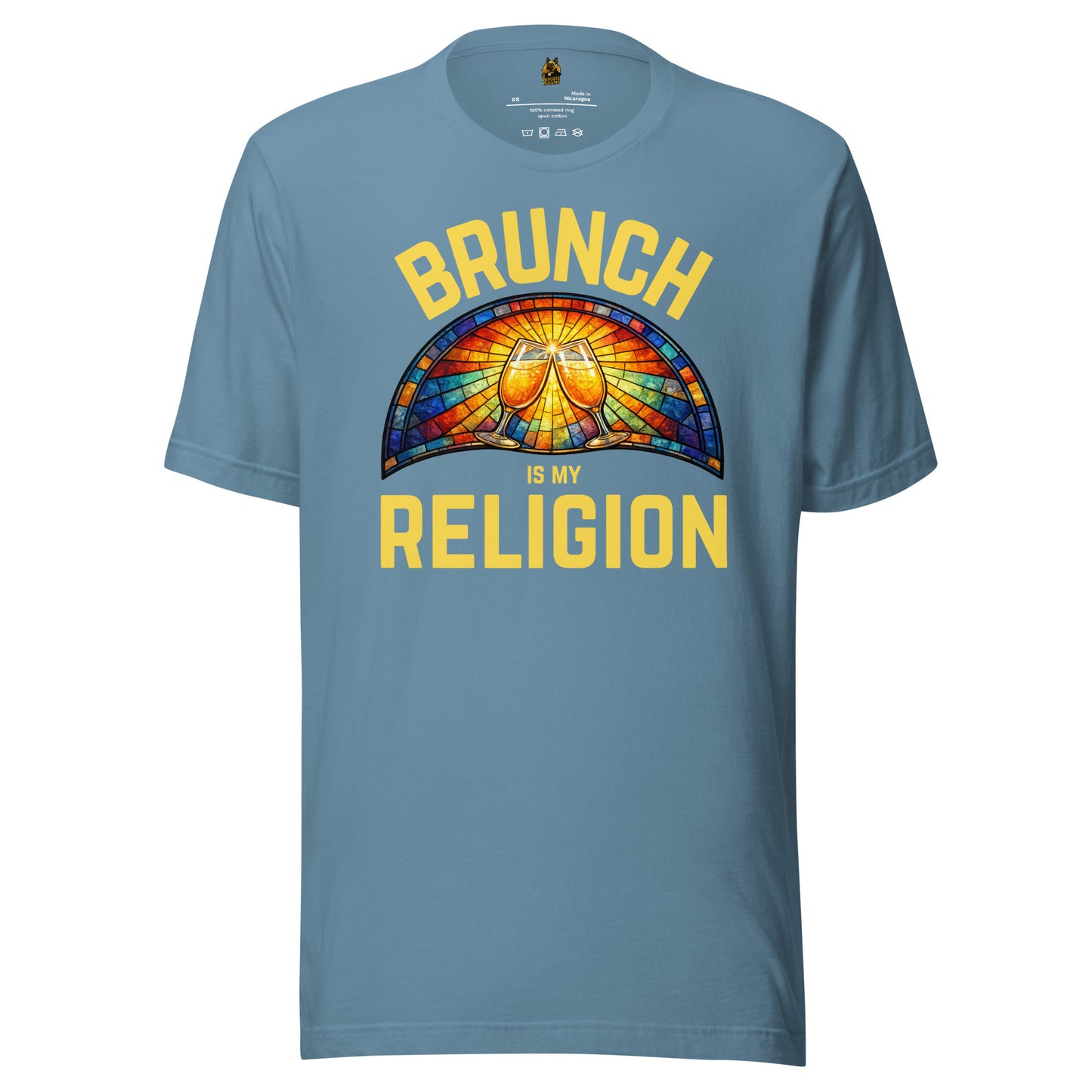 Steel Blue unisex t-shirt with 'Brunch is my Religion' graphic design – Boozie Adams