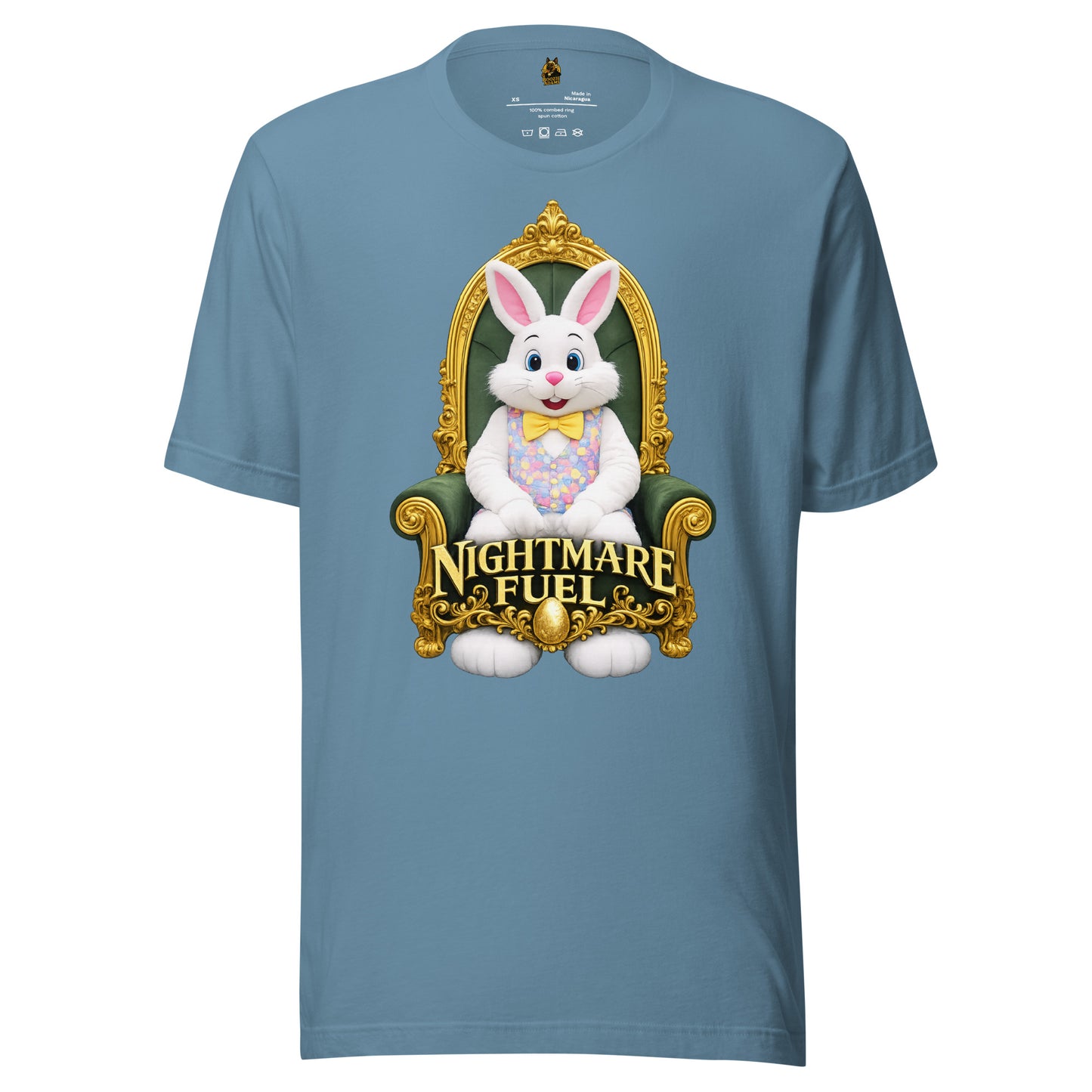 Steel blue unisex t-shirt with a mall bunny and 'Nightmare Fuel' text – Boozie Adams