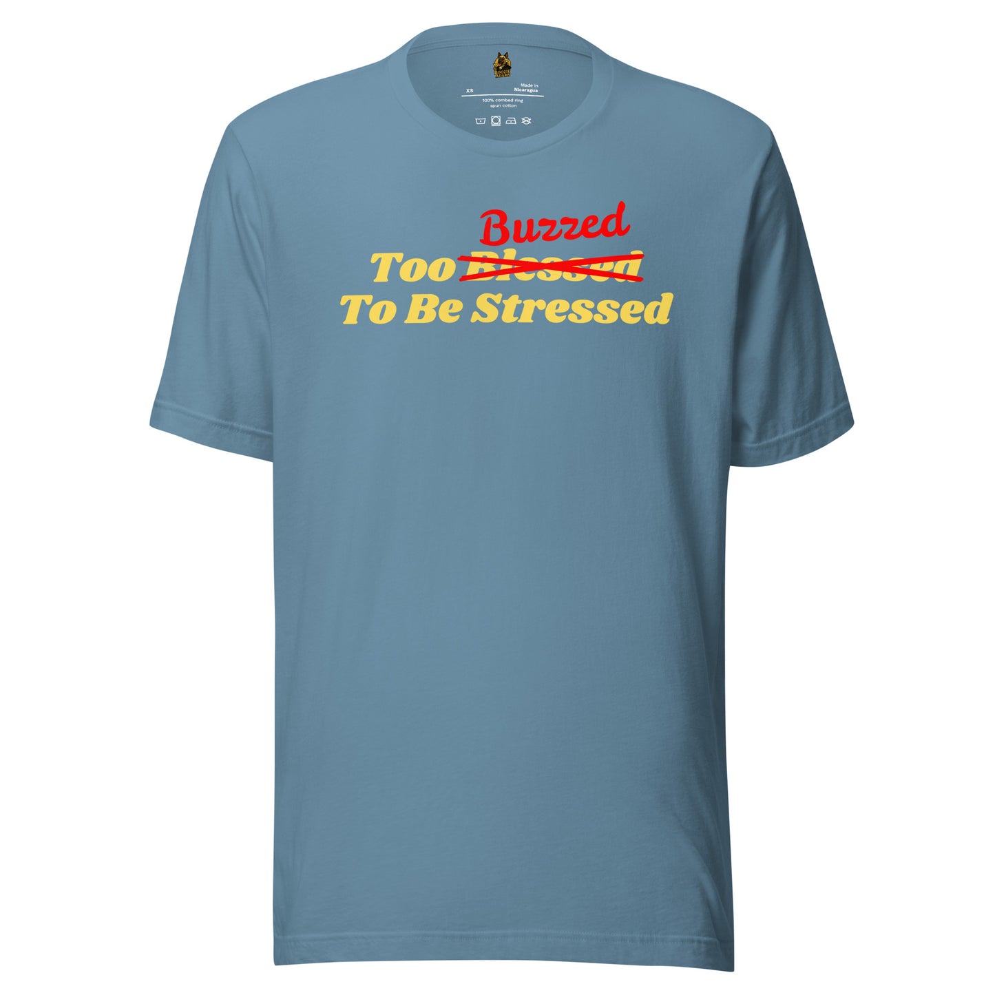 Steel blue unisex t-shirt with 'too buzzed to be stressed' text – Boozie Adams