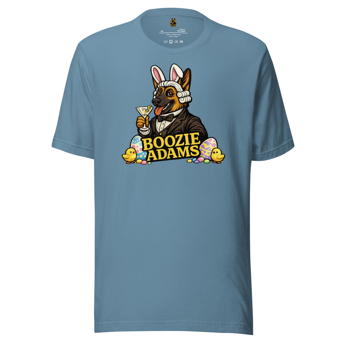 Steel blue unisex t-shirt with an easter Boozie Adams logo – Boozie Adams