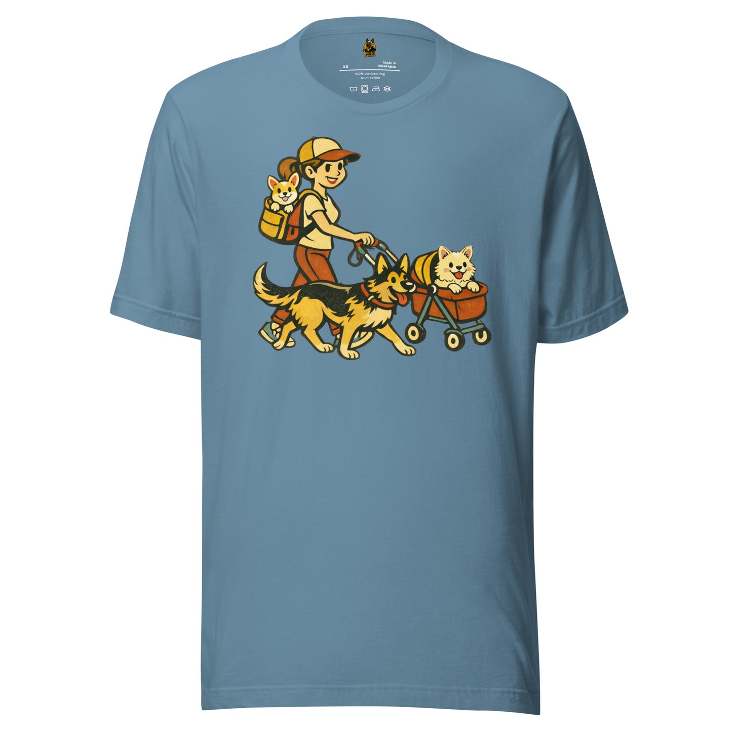 Blue unisex t-shirt with a graphic of a woman walking two dogs, one in a cart – Boozie Adams