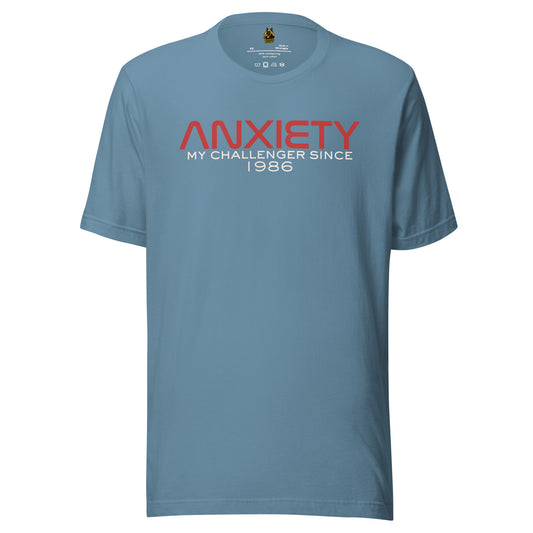Steel Blue unisex t-shirt with 'Anxiety: My Challenger since 1986' text – Boozie Adams