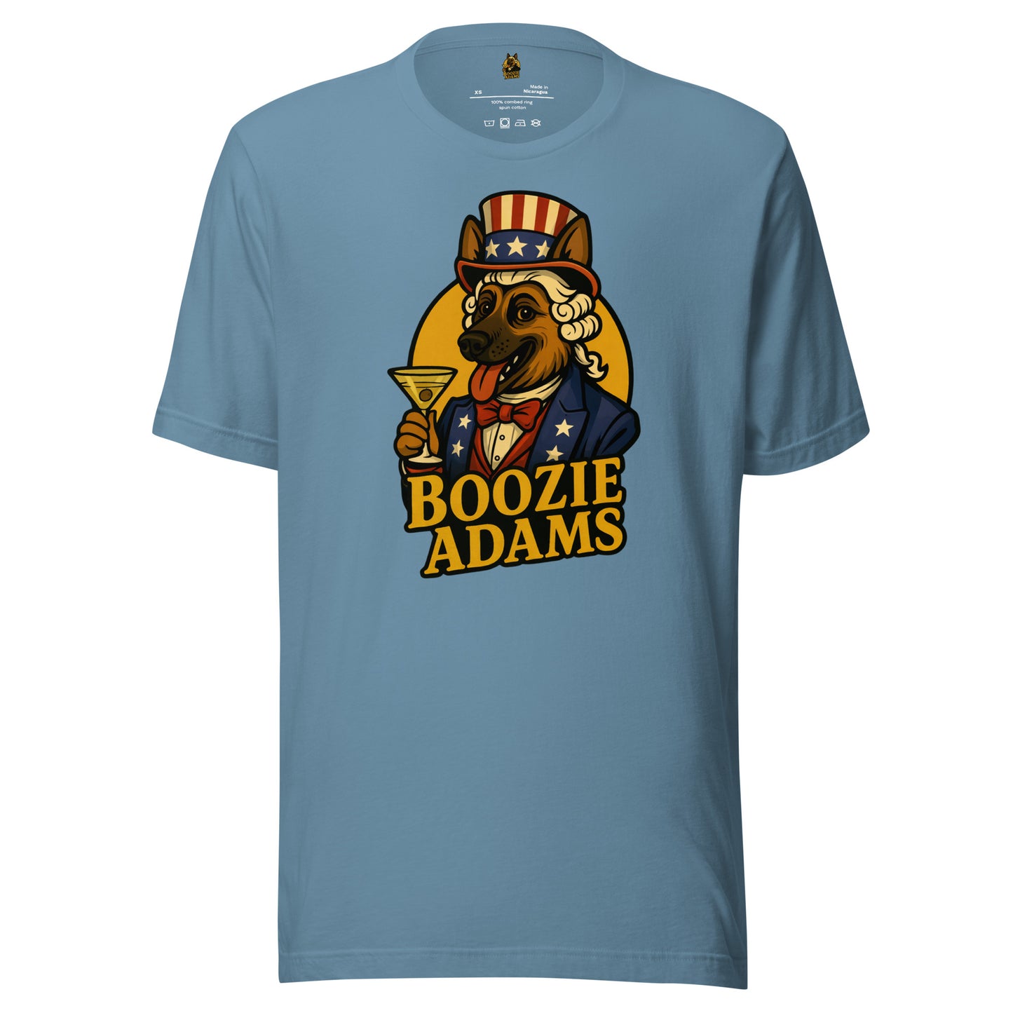 Steel blue unisex t-shirt with patriotic 'Boozie Adams' graphic design logo – Boozie Adams
